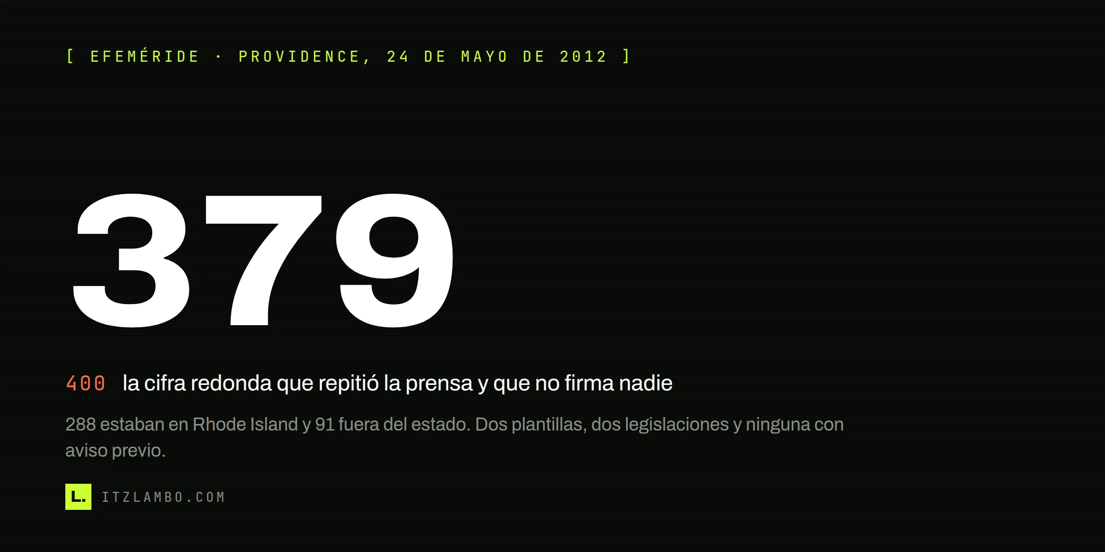 Cartel tipográfico: la cifra 379 en grande y, debajo, el 400 que repitió la prensa señalado como cifra sin dueño; al pie, la nota de que 288 de los despedidos estaban en Rhode Island y 91 fuera del estado.