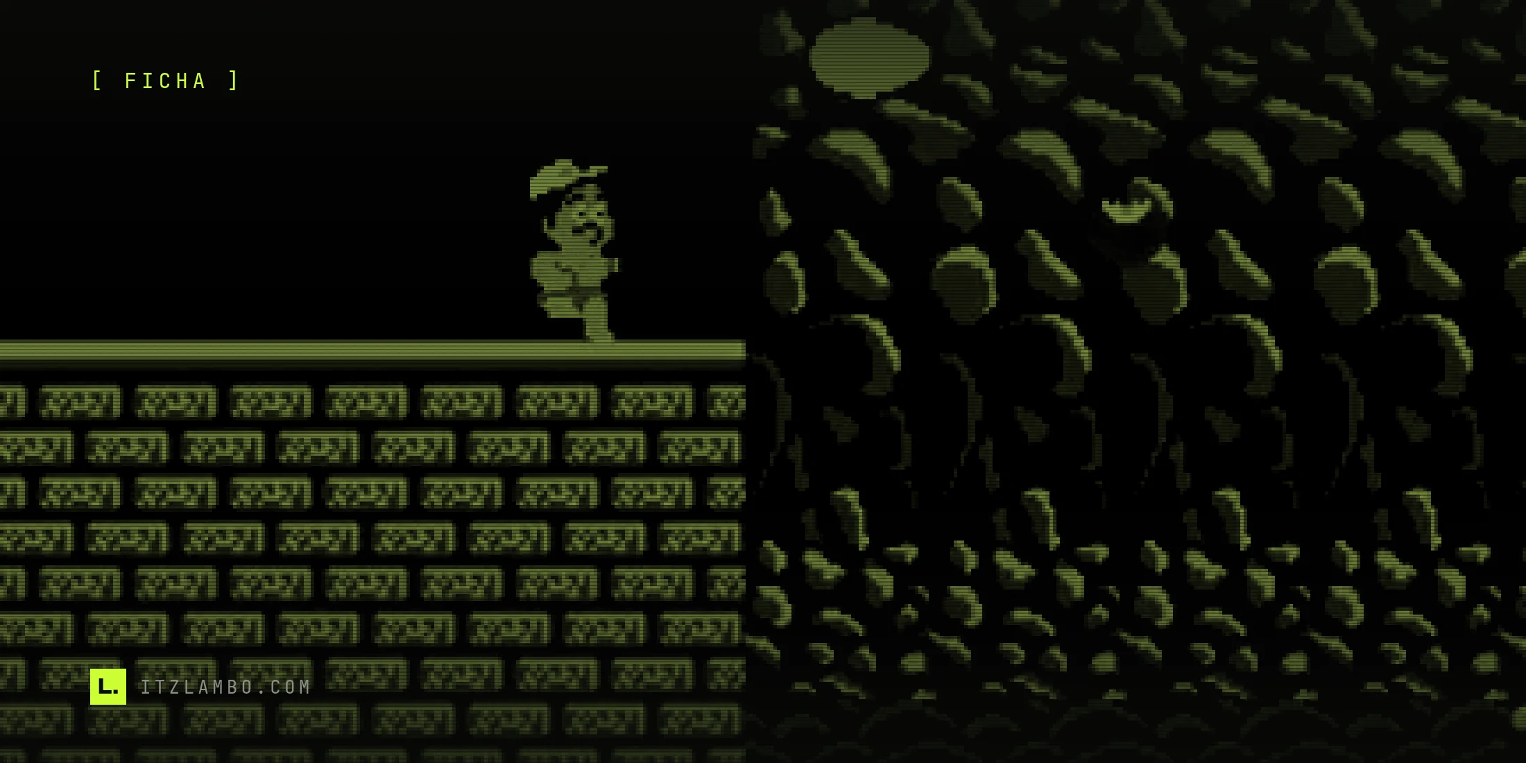 Fotograma de Adventure Island en NES: Master Higgins, con gorra roja y falda de hojas, salta sobre un bloque de ladrillo frente a una pared rocosa; a la derecha flota un óvalo rosado y arriba se asoma una nube blanca.
