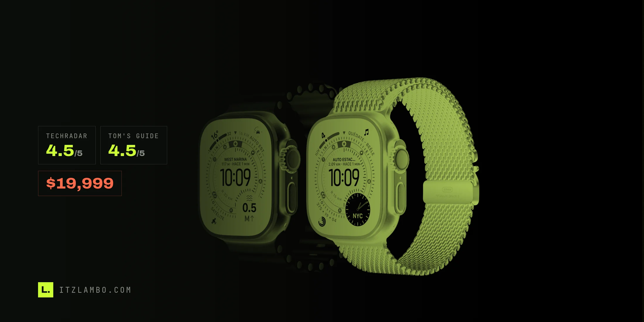 Dos Apple Watch Ultra 3 sobre fondo blanco: el de titanio natural con correa Ocean verde y el de titanio negro con correa Milanese, vistos de frente. En la carátula del primero se alcanza a leer la complicación de satélite.