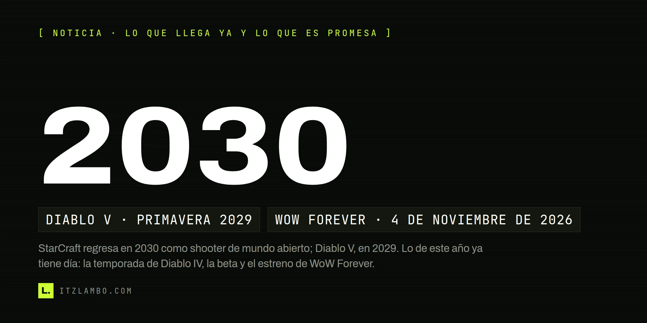 Cartel tipográfico de ItzLambo con la cifra 2030 en grande, fichas que marcan Diablo V en la primavera de 2029 y World of Warcraft: Forever el 4 de noviembre de 2026, sobre fondo oscuro de temática BlizzCon.