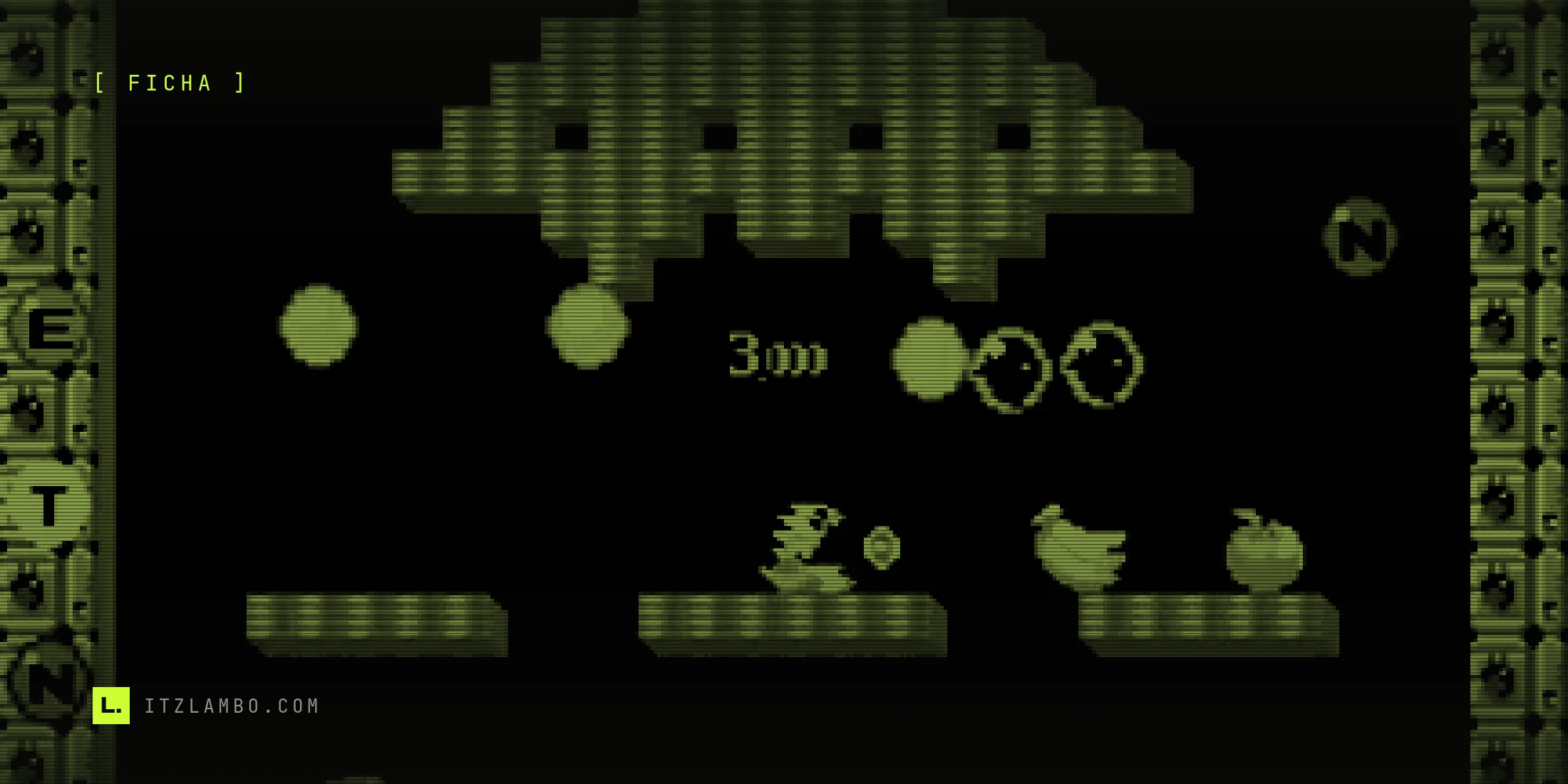 Fotograma de un longplay con licencia CC BY 4.0 de Bubble Bobble (Taito, arcade, 1986): Bub, el dinosaurio verde, sopla una burbuja junto a dos enemigos, mientras flotan una banana y una naranja de bonificación sobre plataformas de piedra y el marcador muestra 3000 puntos.
