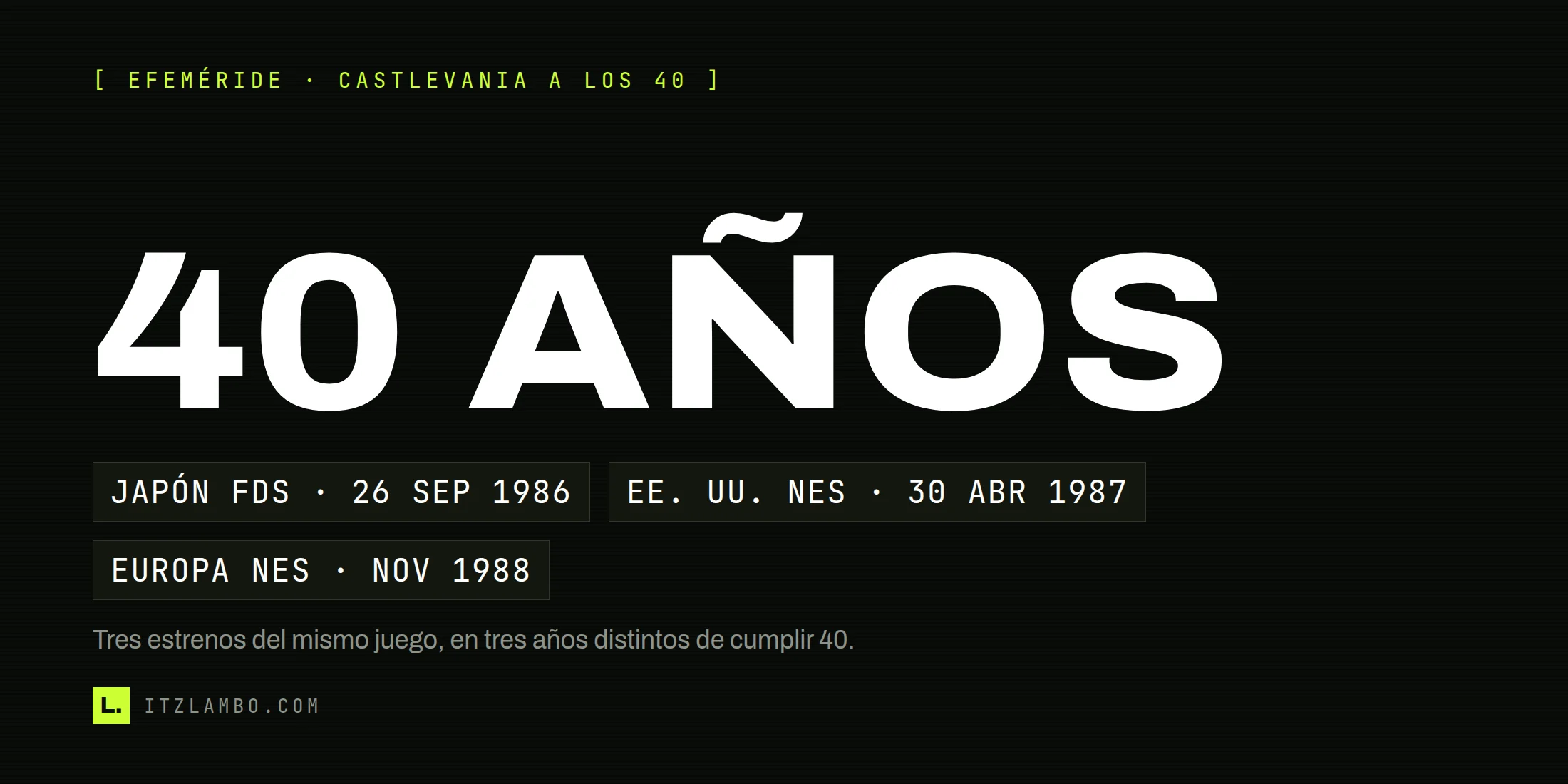 Cartel tipográfico con el rótulo «40 AÑOS» en grande y, debajo, tres fichas con las fechas de cada estreno: Japón FDS 26 sep 1986, Estados Unidos NES 30 abr 1987, Europa NES nov 1988.