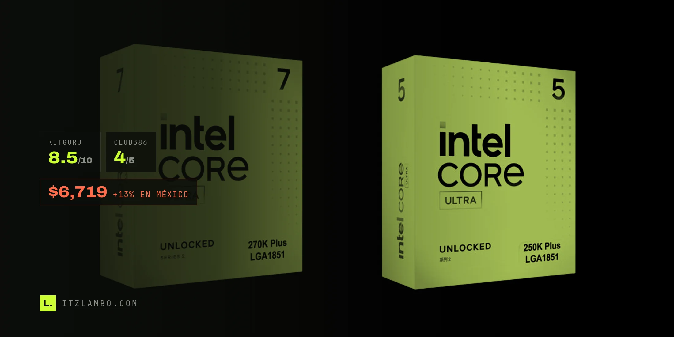 Las cajas de producto del Intel Core Ultra 7 270K Plus (izquierda) y del Core Ultra 5 250K Plus (derecha), en la imagen oficial del comunicado de lanzamiento de Intel, sobre fondo blanco.