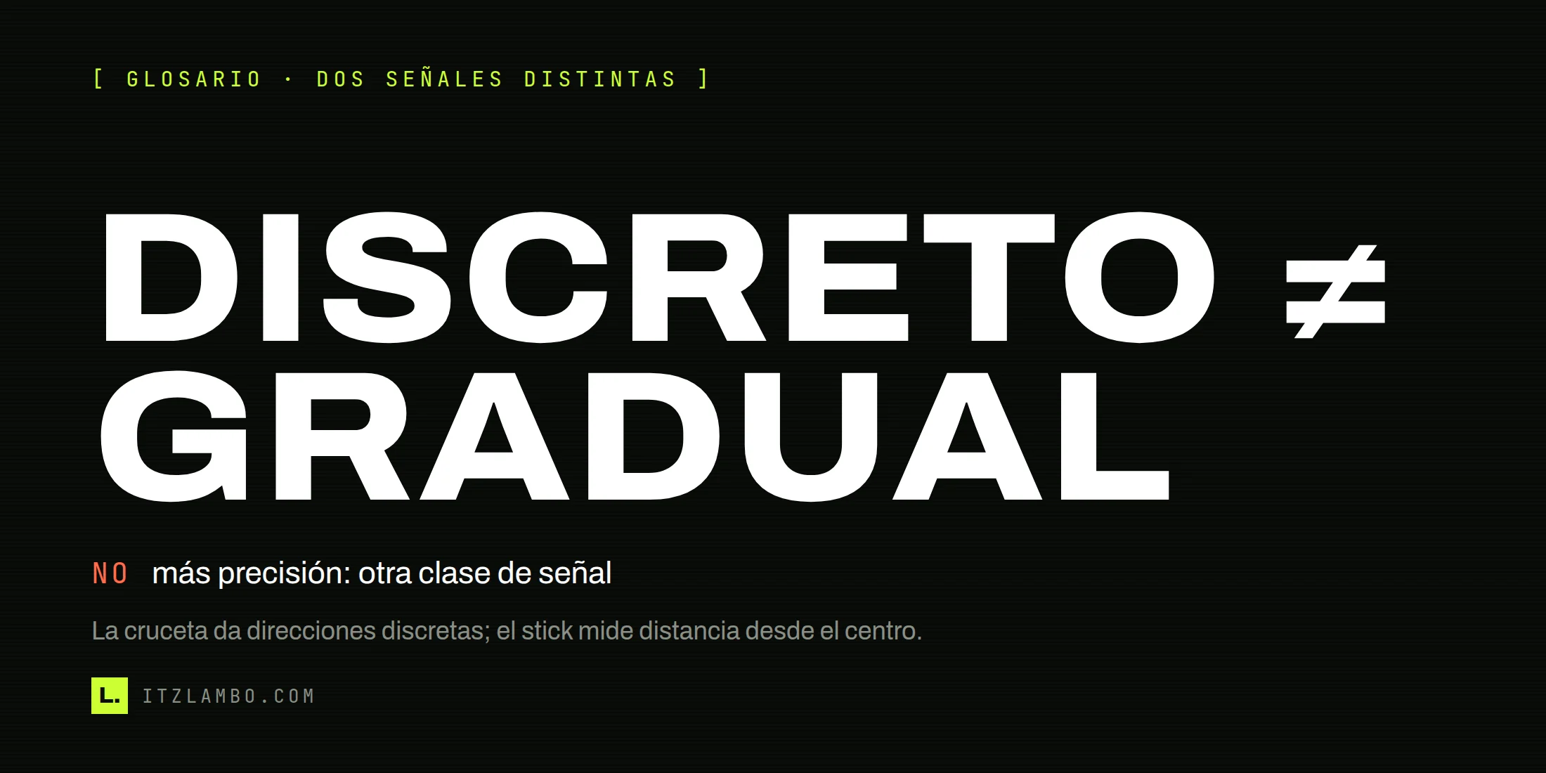 Cartel tipográfico: «DISCRETO ≠ GRADUAL». Aclara que la cruceta da direcciones discretas y el stick mide distancia desde el centro.