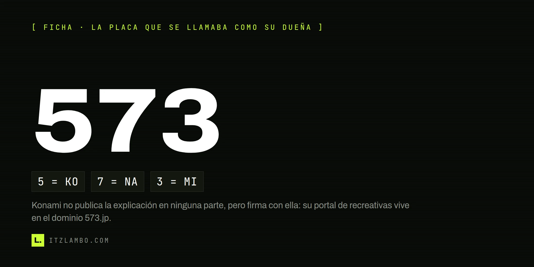 Cartel tipográfico sobre fondo oscuro: el número 573 en gran tamaño, con tres fichas debajo que leen «5 = KO», «7 = NA» y «3 = MI», y una nota al pie que explica que Konami no publica la explicación pero firma con ese número en su dominio oficial 573.jp.