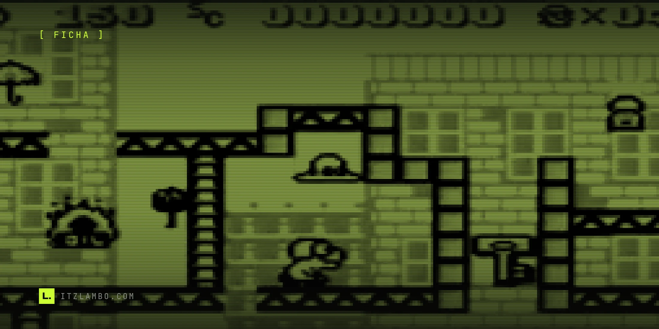 Fotograma de Donkey Kong para Game Boy con los colores del Super Game Boy: Mario corre por una plataforma de la fase 1-1, Big-City; a la derecha hay una llave apoyada en un pilar y más arriba una puerta con candado; el marcador superior muestra el tiempo, la puntuación y cuatro vidas.