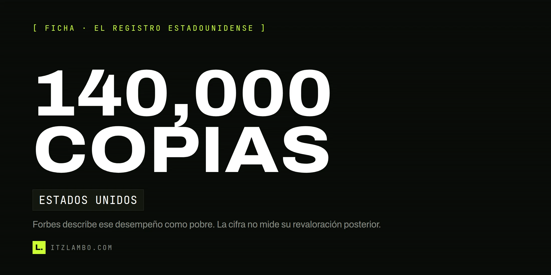 Cartel tipográfico sobre EarthBound que destaca las 140,000 copias vendidas en Estados Unidos.