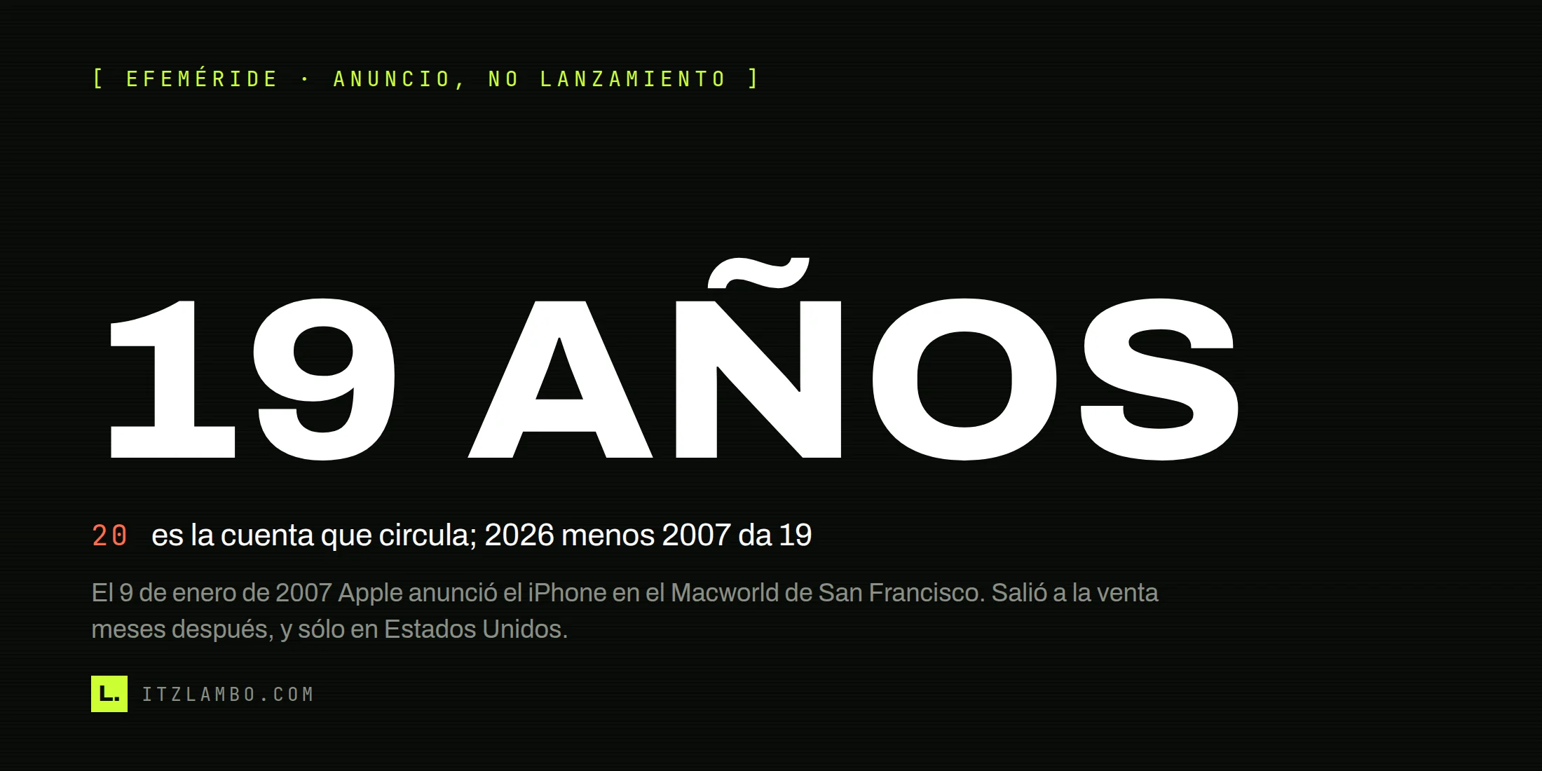 Cartel tipográfico oscuro con la cifra 19 AÑOS como héroe, una ficha de corrección que marca el 20 como la cuenta equivocada, la coletilla Efeméride · anuncio, no lanzamiento arriba, y una nota breve sobre el anuncio del iPhone en el Macworld de 2007.