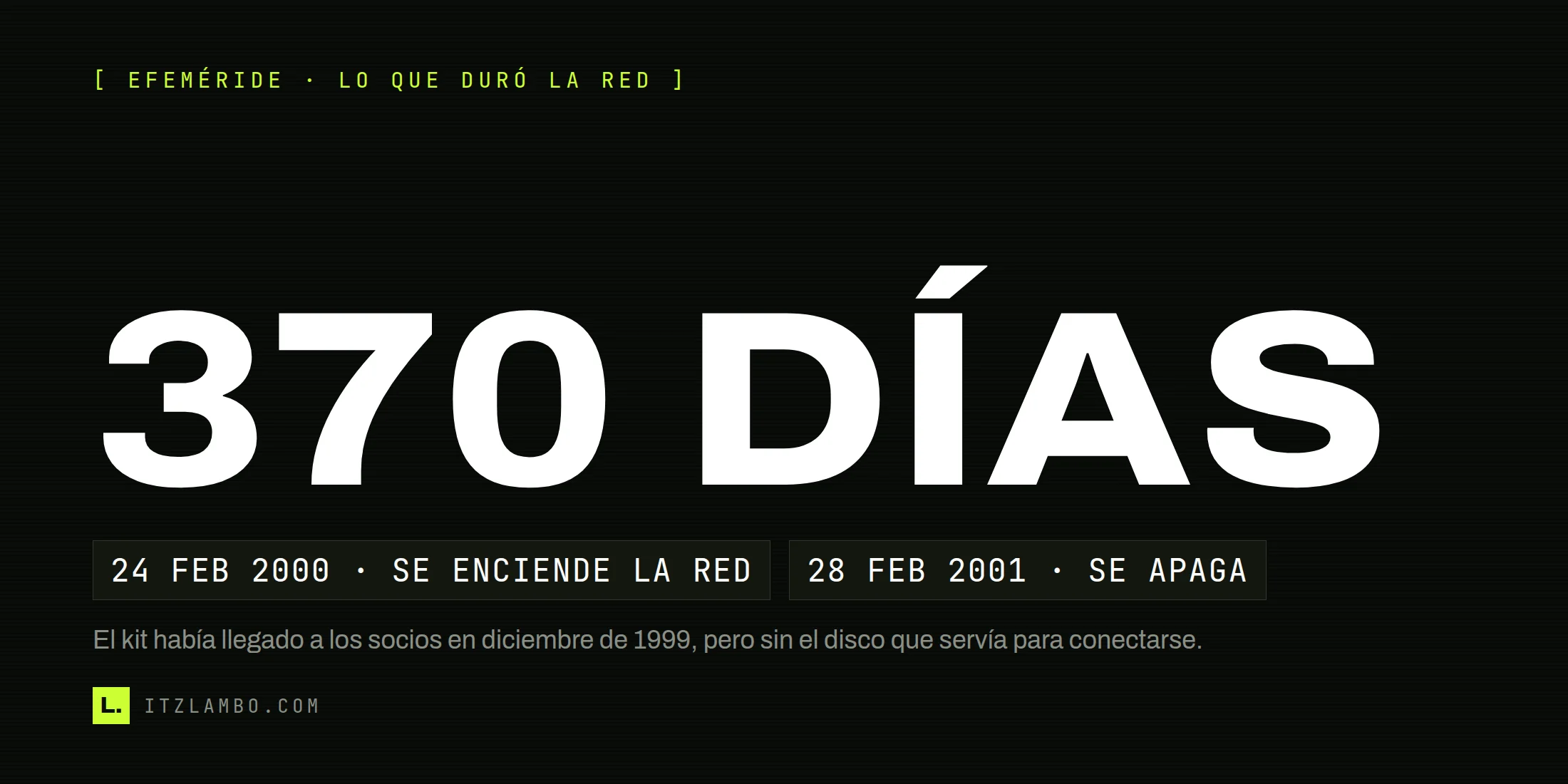 Cartel tipográfico con el rótulo «370 DÍAS» en grande y dos fichas en tipografía mono debajo: «24 FEB 2000 · SE ENCIENDE LA RED» y «28 FEB 2001 · SE APAGA», sobre el tiempo que estuvo operativa la red japonesa Randnet del 64DD.