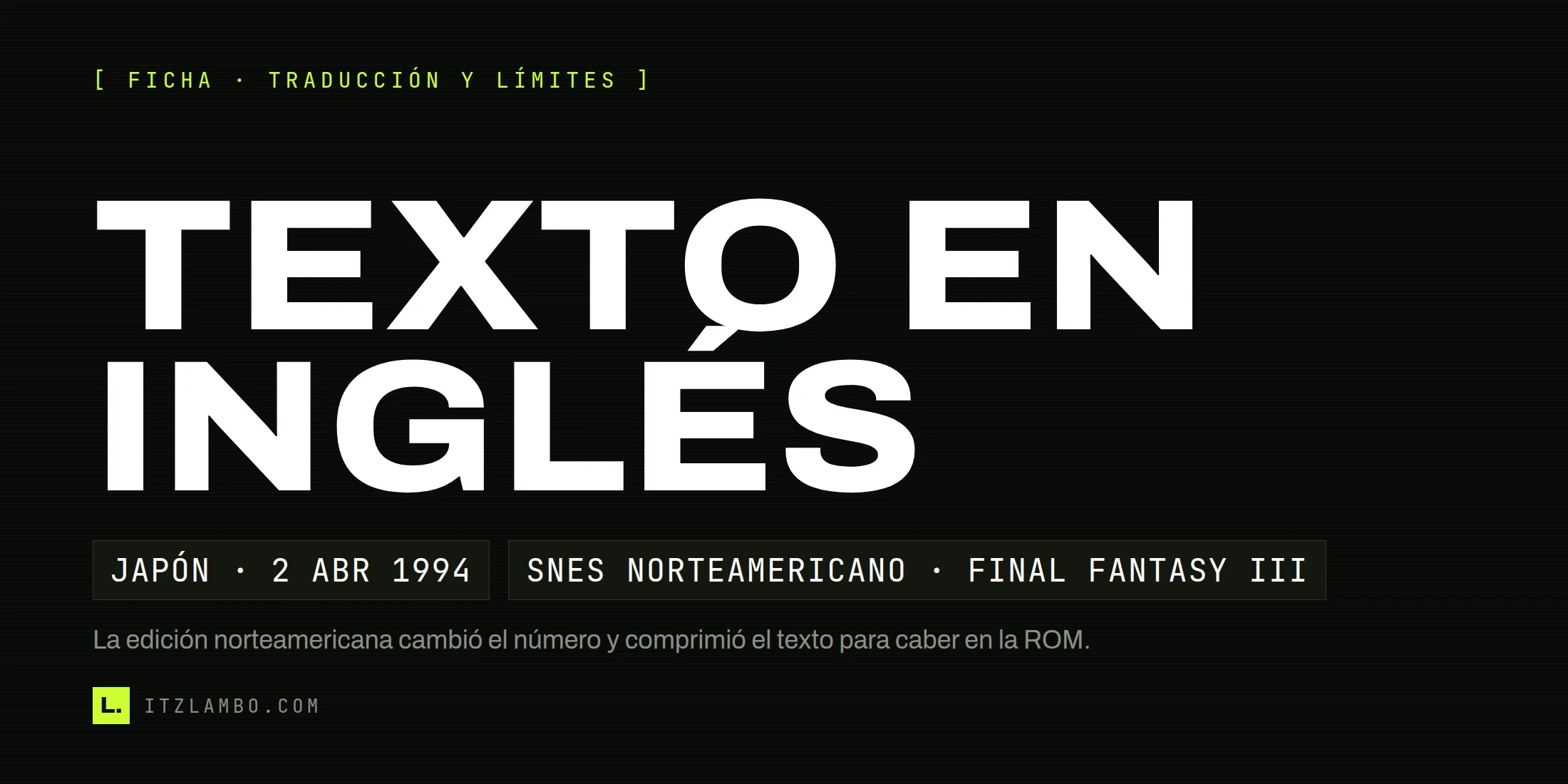 Cartel editorial sobre Final Fantasy VI: texto en inglés en la edición norteamericana de SNES, publicada como Final Fantasy III.