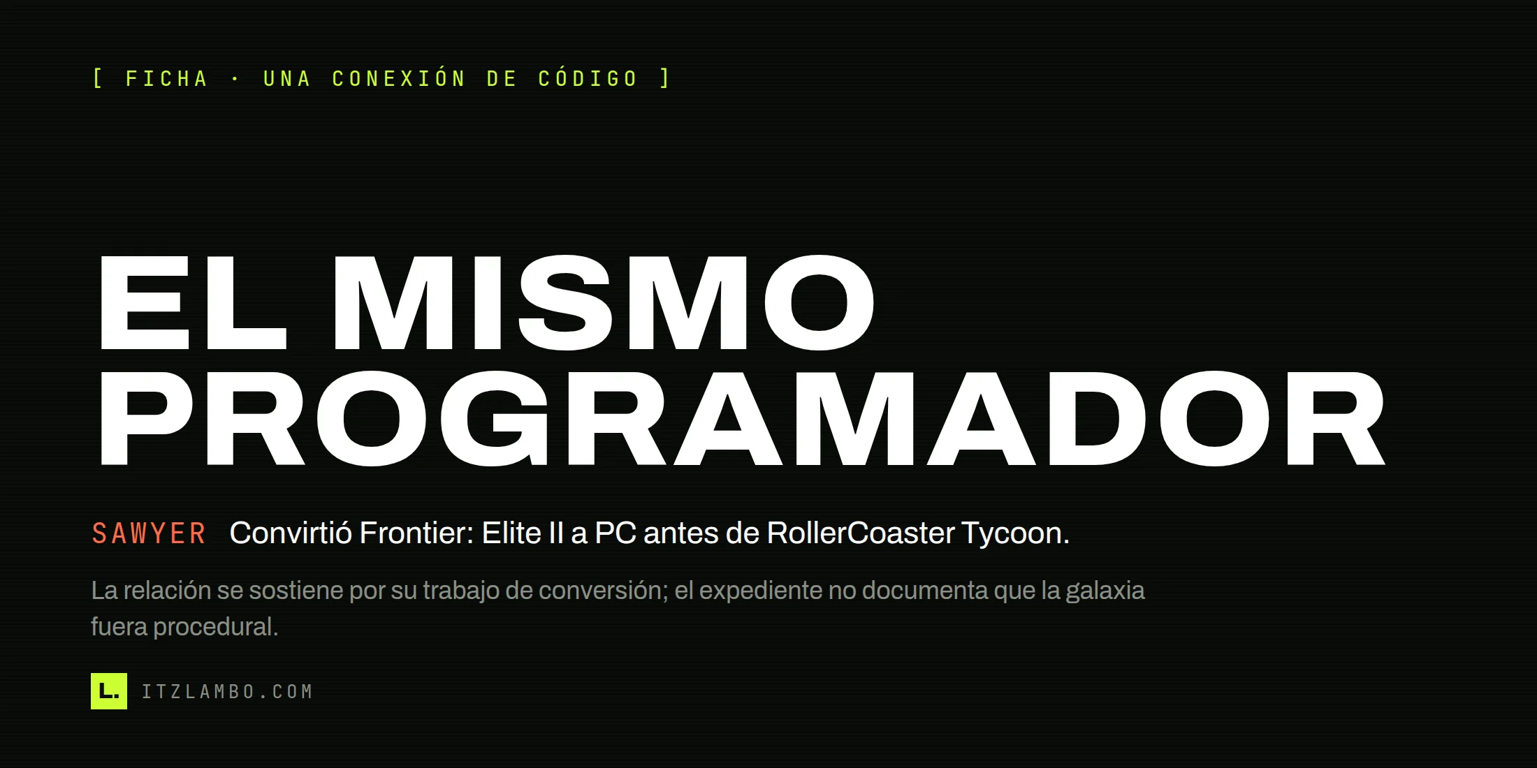 Cartel tipográfico sobre Frontier: Elite II: Chris Sawyer convirtió el juego de Amiga a PC antes de RollerCoaster Tycoon.