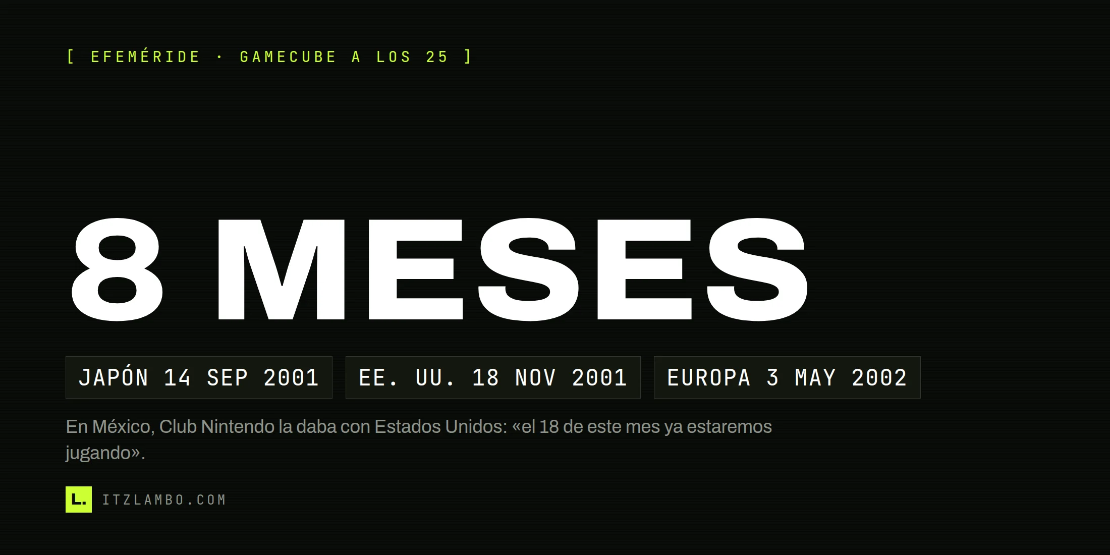 Cartel tipográfico con el rótulo «8 MESES» en grande —el hueco entre el estreno japonés y el europeo de la GameCube— y tres fichas con las fechas de lanzamiento en Japón, Estados Unidos y Europa.