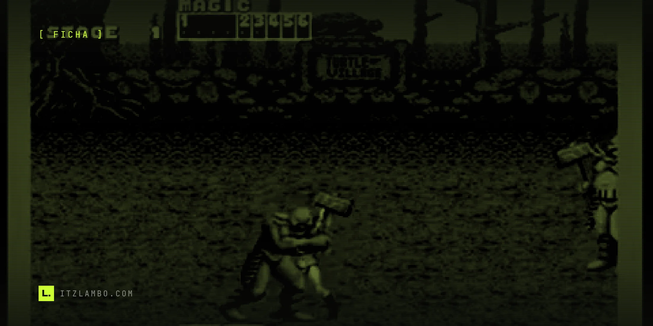 Fotograma de Golden Axe en Mega Drive: Tyris Flare, de traje blanco y rojo, forcejea con un enemigo calvo armado con un mazo en el camino de tierra de Turtle Village; por la derecha entra otro enemigo y arriba se ven el número de fase, la barra de magia y las vidas.