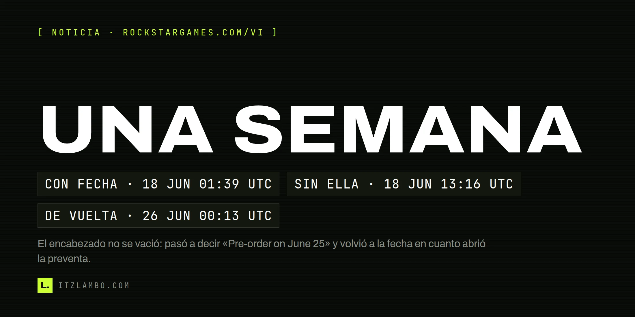Cartel tipográfico de ItzLambo con el texto UNA SEMANA en grande, tres fichas con las capturas del Internet Archive que fechan la portada de Rockstar con la fecha el 18 de junio a las 01:39 UTC, sin ella a las 13:16 y de vuelta el 26 de junio a las 00:13, y una nota sobre qué ocupó el hueco.