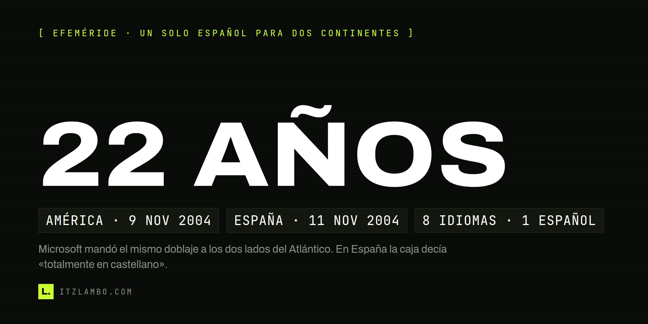 Cartel tipográfico con el rótulo «22 AÑOS» en grande y, debajo, tres fichas en tipografía mono: América 9 de noviembre de 2004, España 11 de noviembre de 2004, y ocho idiomas con un solo español.