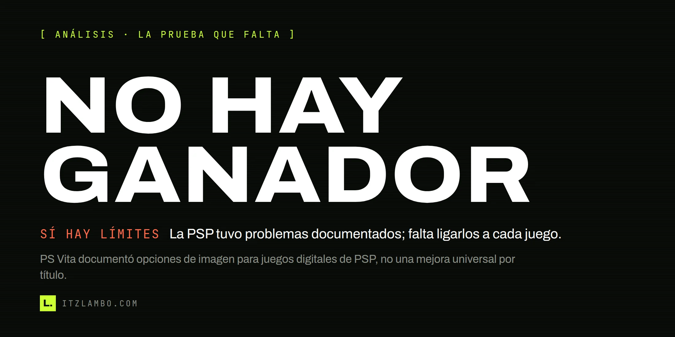 Cartel tipográfico con el texto «NO HAY GANADOR» y una nota sobre la falta de evidencia por juego.