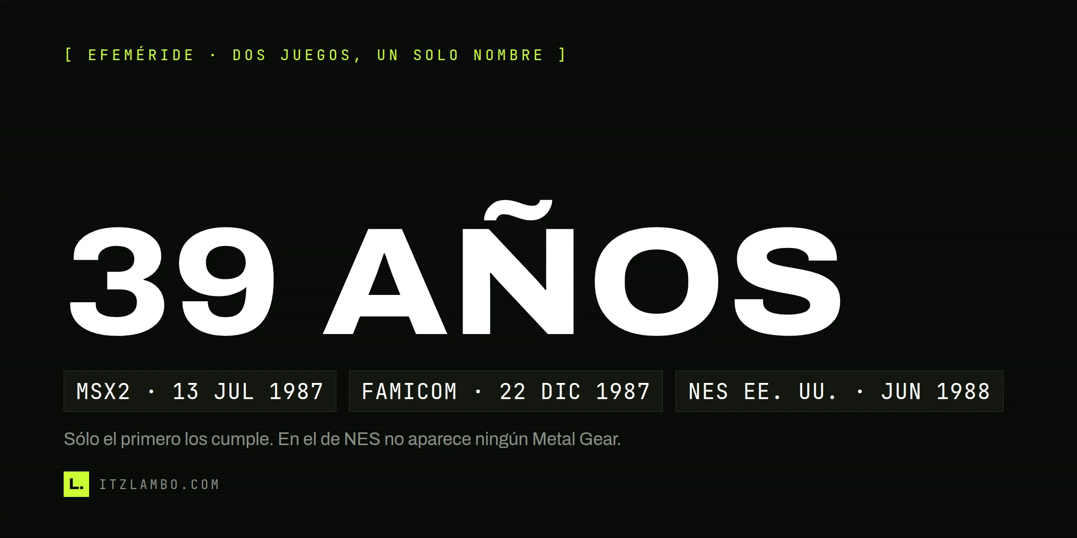 Cartel tipográfico con el rótulo «39 AÑOS» en grande y, debajo, tres fichas en tipografía mono: MSX2 el 13 de julio de 1987, Famicom el 22 de diciembre de 1987 y NES en Estados Unidos en junio de 1988.