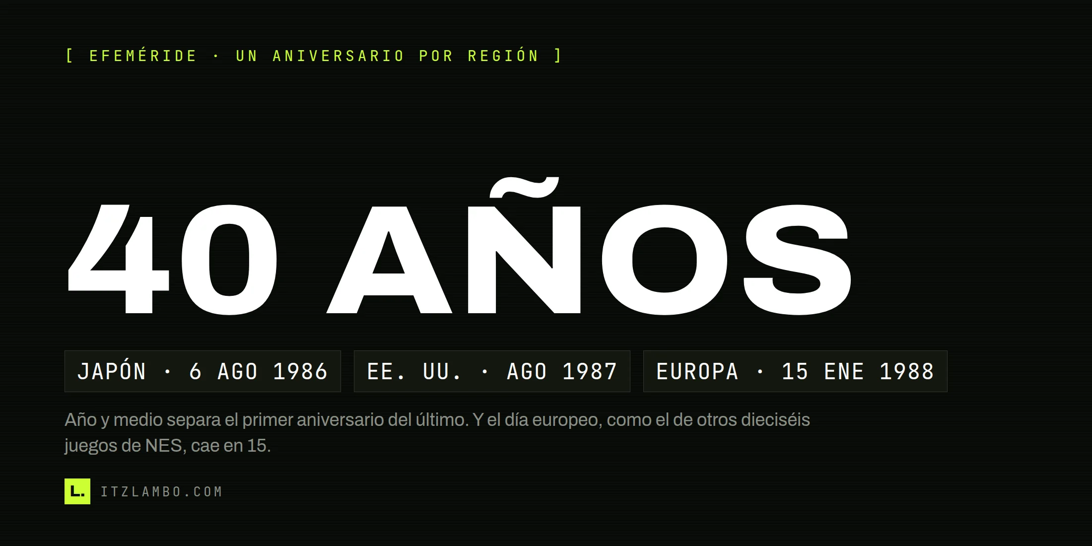 Cartel con el rótulo «40 AÑOS» en grande y, debajo, tres fichas en tipografía mono: Japón 6 de agosto de 1986, Estados Unidos agosto de 1987 y Europa 15 de enero de 1988.