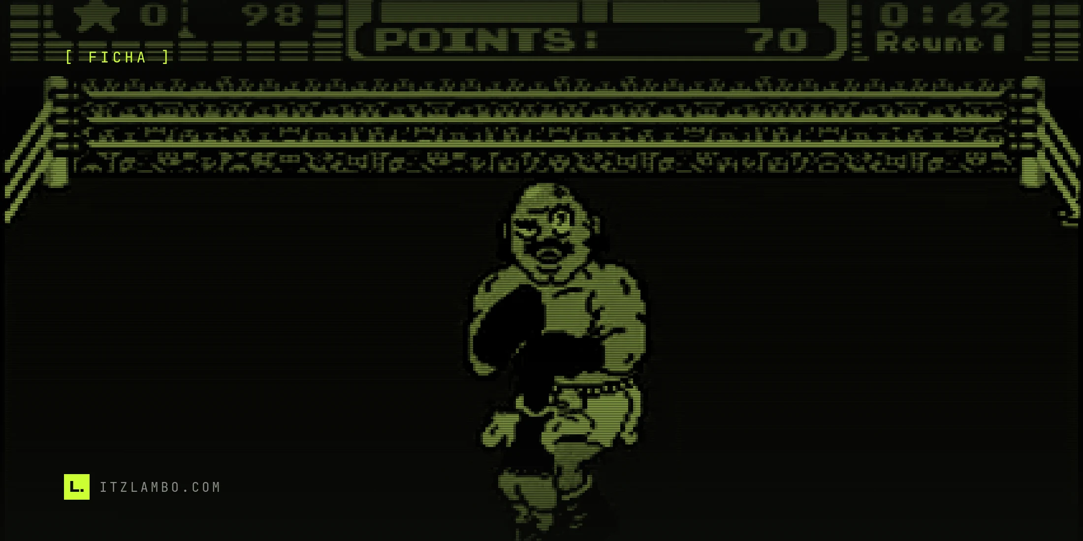 Fotograma de Mike Tyson's Punch-Out!! en NES: Little Mac, de espaldas y con calzón verde, encara a Bald Bull —calvo, bigotudo y de calzón celeste— en el cuadrilátero azul; arriba, el marcador con una estrella, 98 corazones, 70 puntos y el reloj en 0:42 del primer asalto.