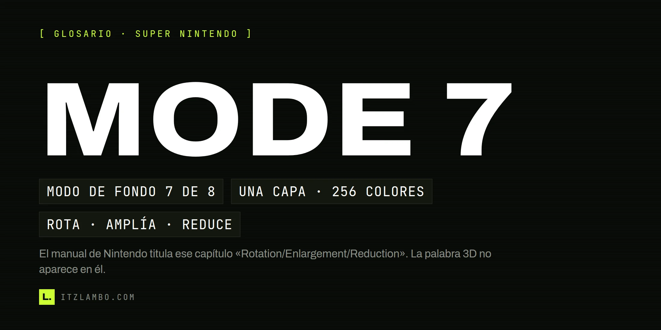 Cartel tipográfico con el término «Mode 7» y tres fichas: modo de fondo 7 de 8, una capa de 256 colores, rota / amplía / reduce.