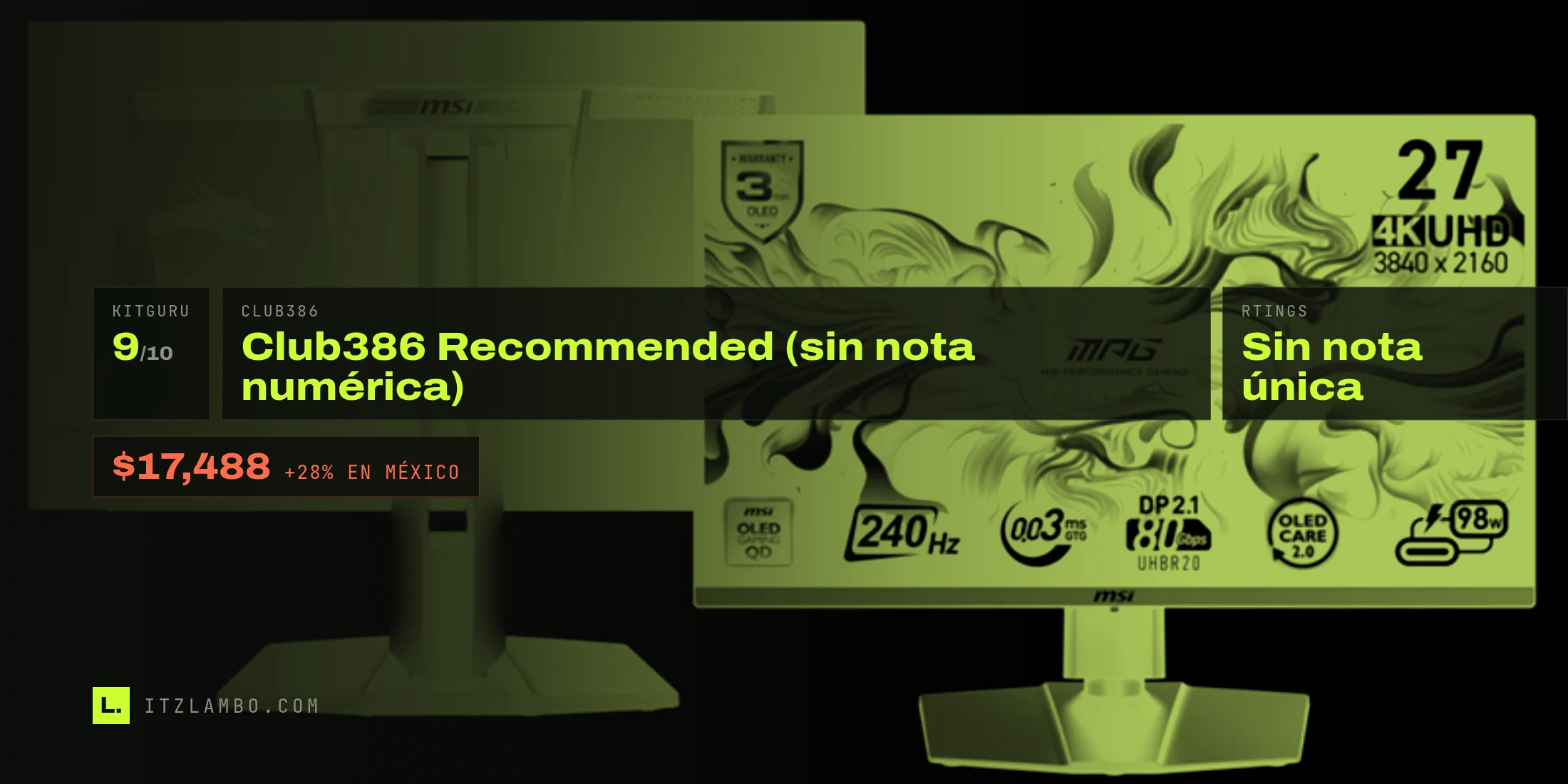 El MSI MPG 272URX QD-OLED, de frente y por detrás sobre fondo blanco, con el logo MSI, el sello de garantía OLED de 3 años y las etiquetas 27, 4K UHD, 240Hz, 0.03ms GTG, DP 2.1 y OLED Care 2.0 visibles en la pantalla.