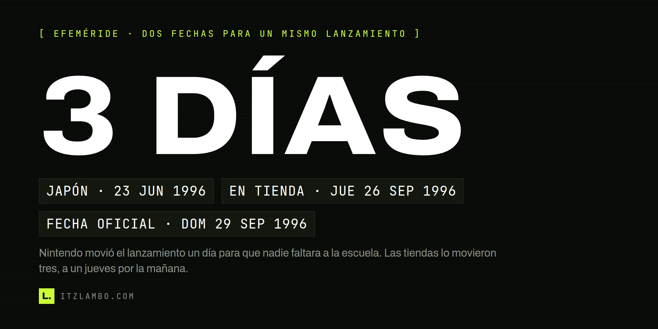 Cartel tipográfico con el rótulo «3 DÍAS» en grande y, debajo, tres fichas en tipografía mono: Japón 23 de junio de 1996, en tienda jueves 26 de septiembre de 1996 y fecha oficial domingo 29 de septiembre de 1996.