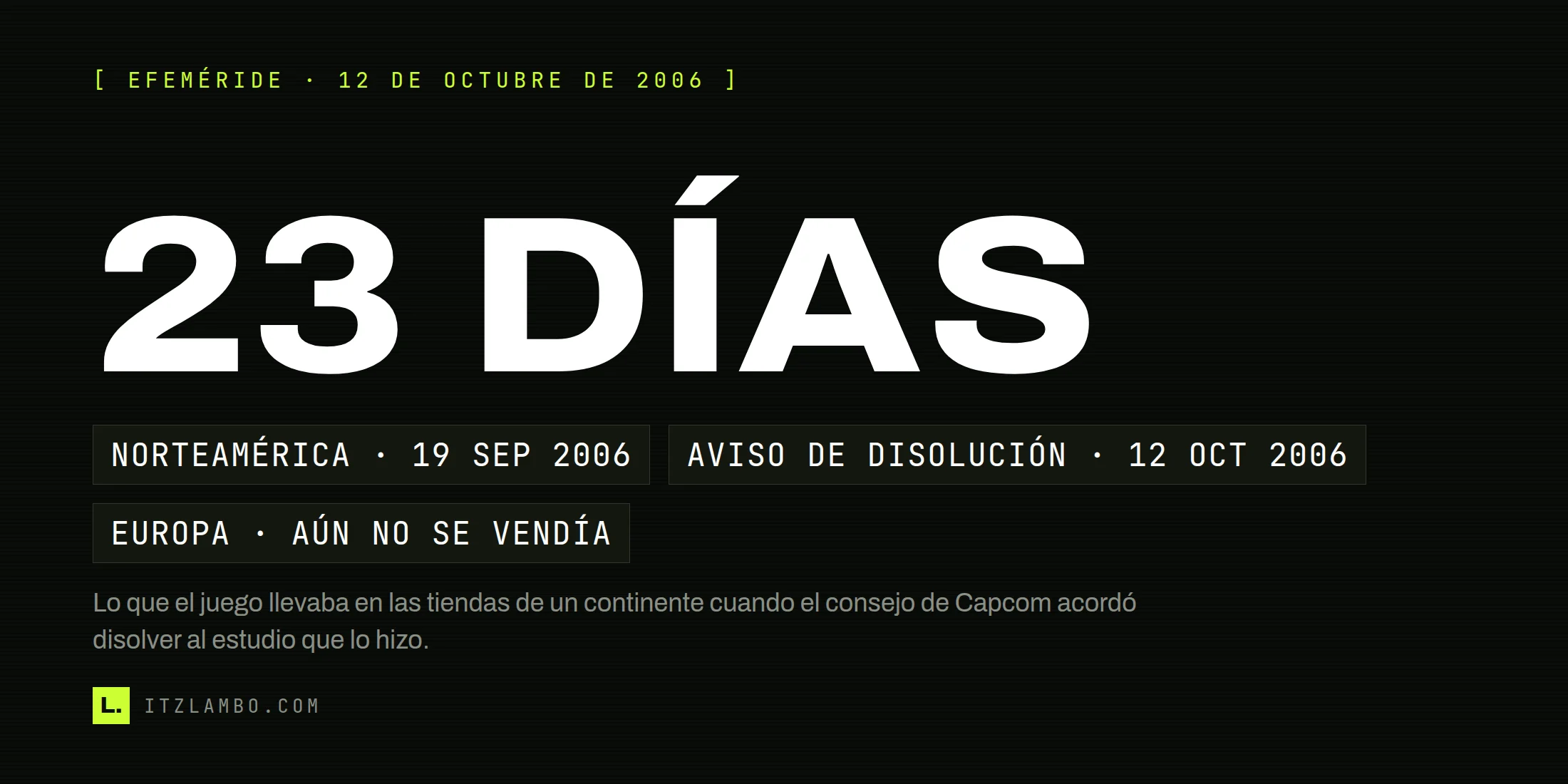 Cartel tipográfico con la cifra 23 DÍAS en grande y, debajo, tres fichas: Norteamérica 19 de septiembre de 2006, aviso de disolución 12 de octubre de 2006 y Europa, donde el juego aún no se vendía.