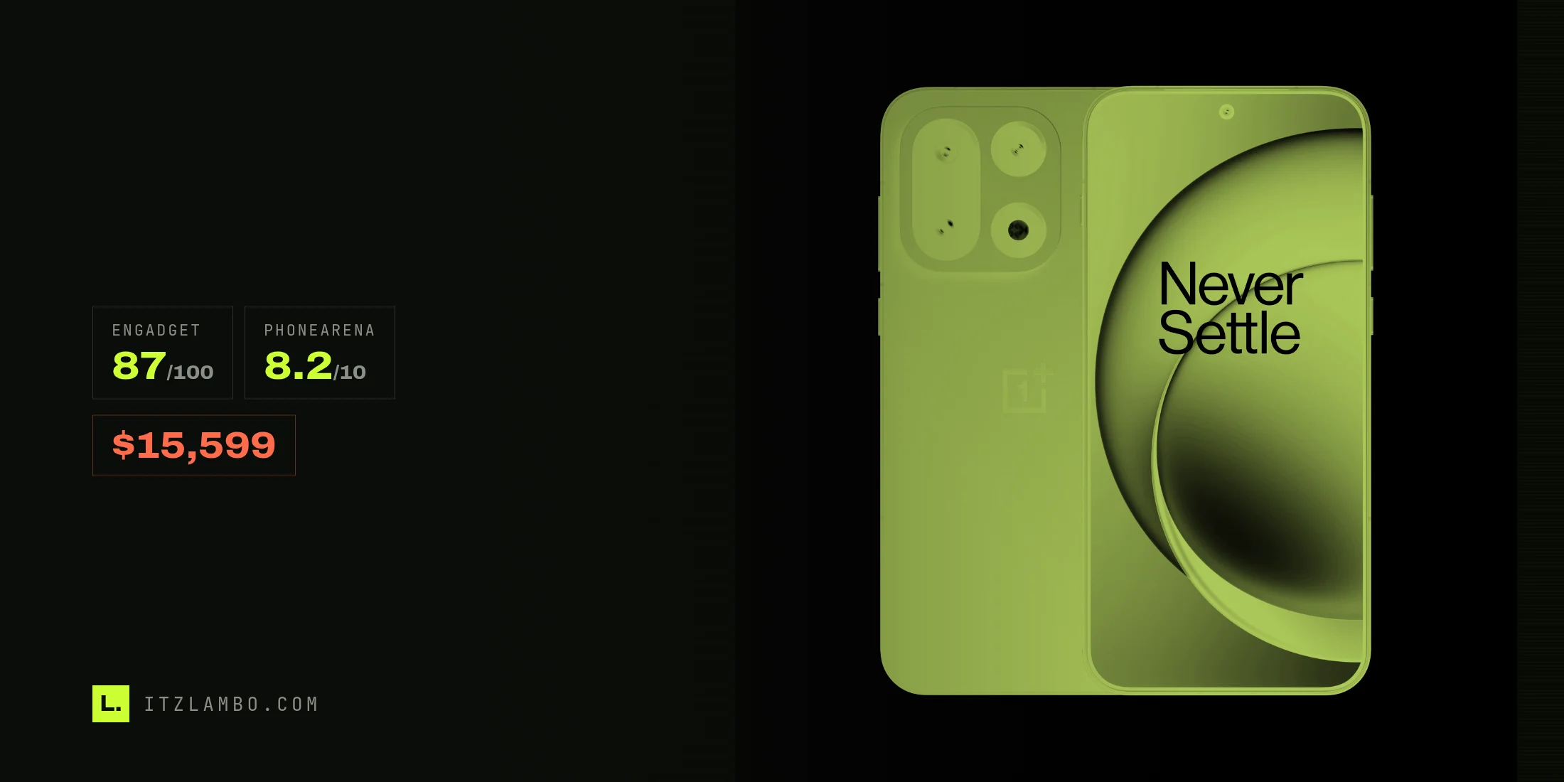 El OnePlus 15 en negro, visto de frente y por detrás en la imagen de producto de OnePlus sobre fondo claro, con el módulo de cámara cuadrado y la pantalla encendida, tratado en el duotono negro y lima de ItzLambo.