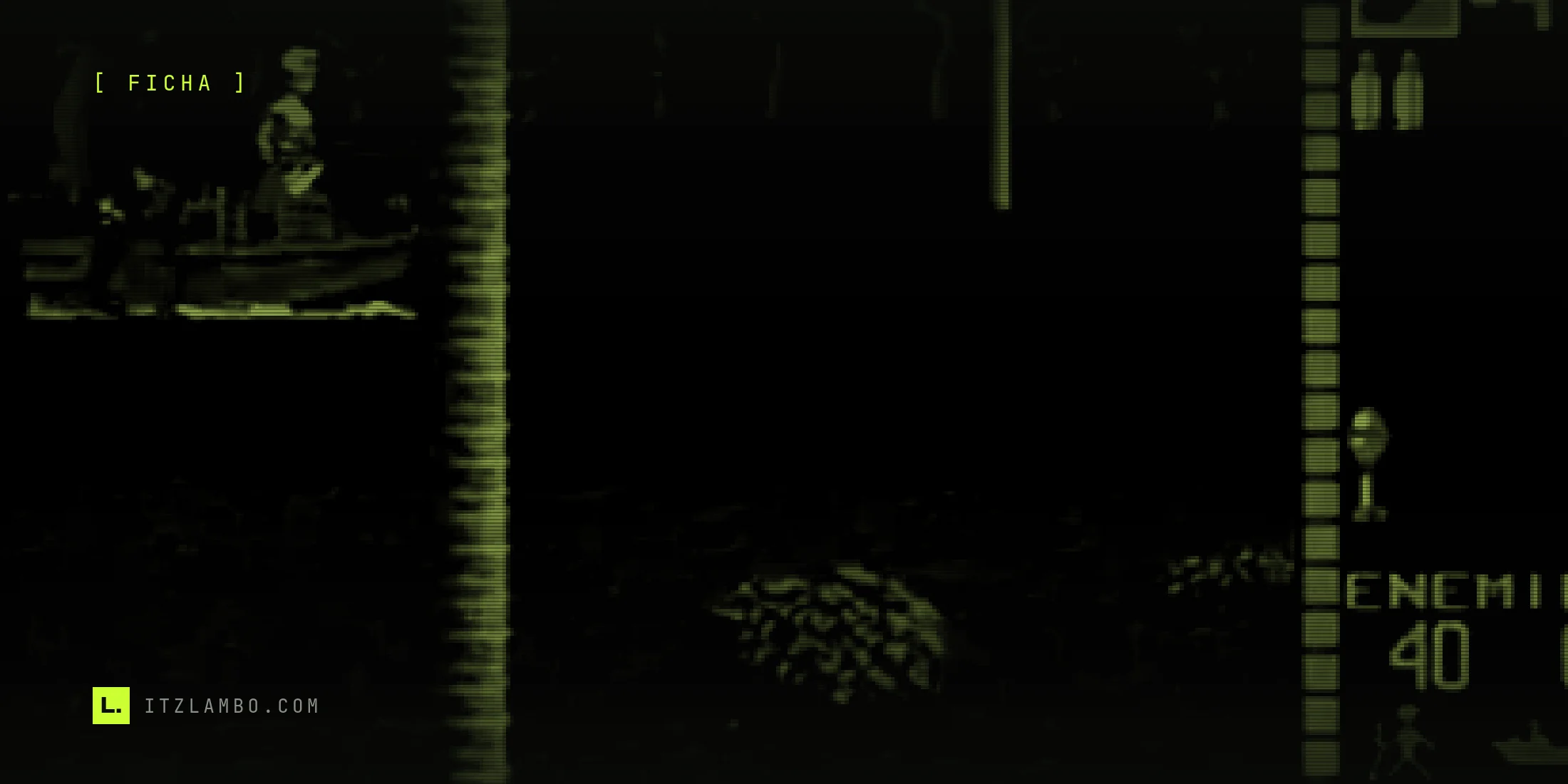 Fotograma de Operation Wolf en el arcade original: en primer plano, una lancha con dos soldados enemigos avanza por un río en la jungla; a la derecha, el HUD muestra munición, granadas y el contador de 40 enemigos restantes.