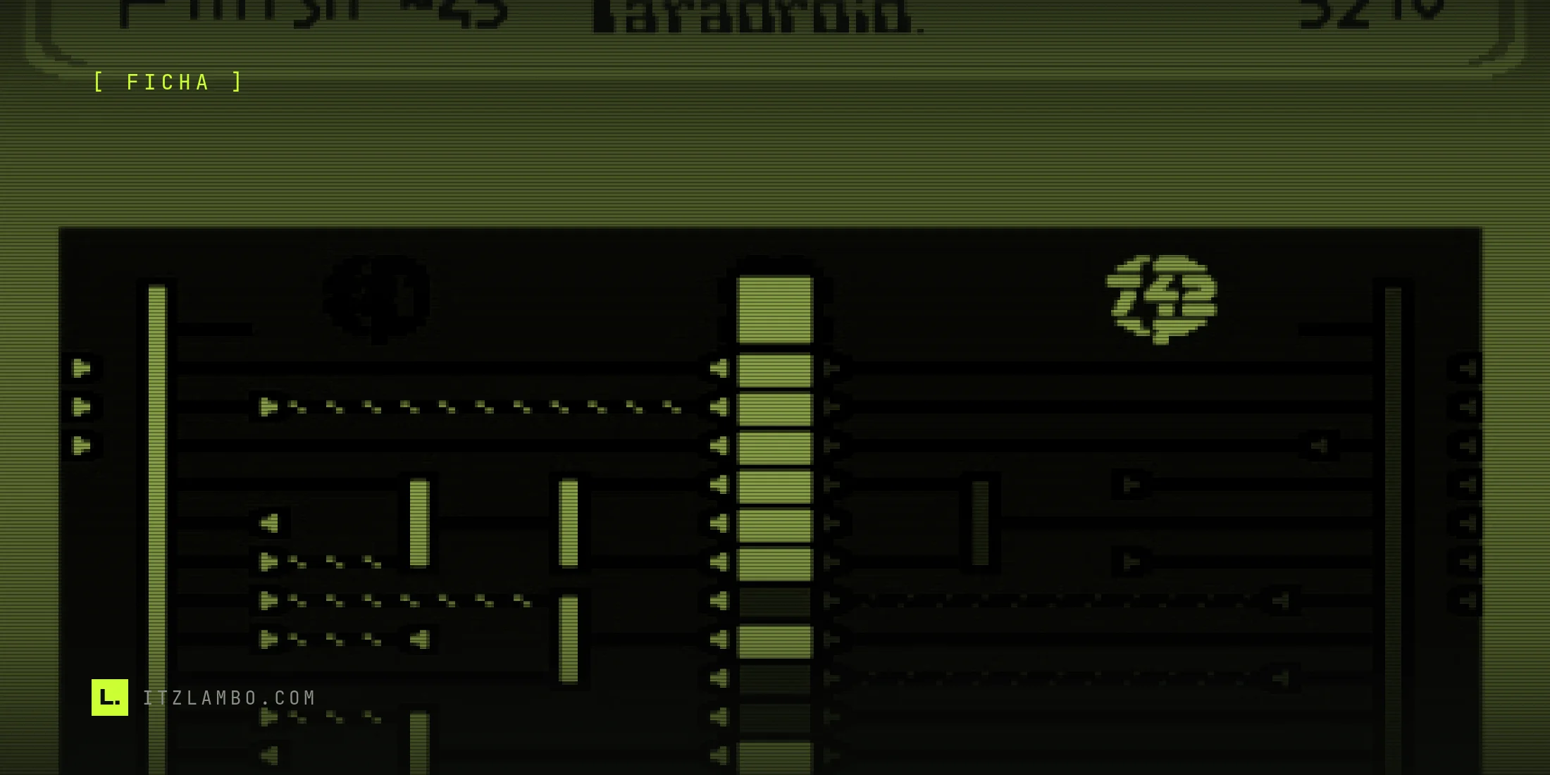 Captura del minijuego de transferencia de Paradroid en Commodore 64: dos columnas de doce cables convergen en una barra central de bloques amarillos y morados, con los números de droide 821 y 742 marcando cada lado del circuito en disputa.