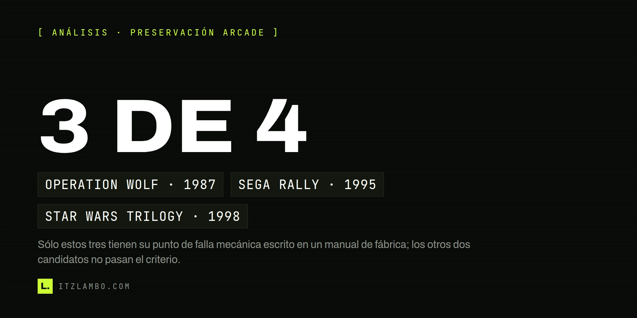 Cartel tipográfico con el dato "3 DE 4" en grande sobre fondo oscuro, y fichas debajo que listan Operation Wolf, Sega Rally Championship y Star Wars Trilogy Arcade como los tres periféricos de arcade cuyo punto de falla mecánica documenta un manual de fábrica.