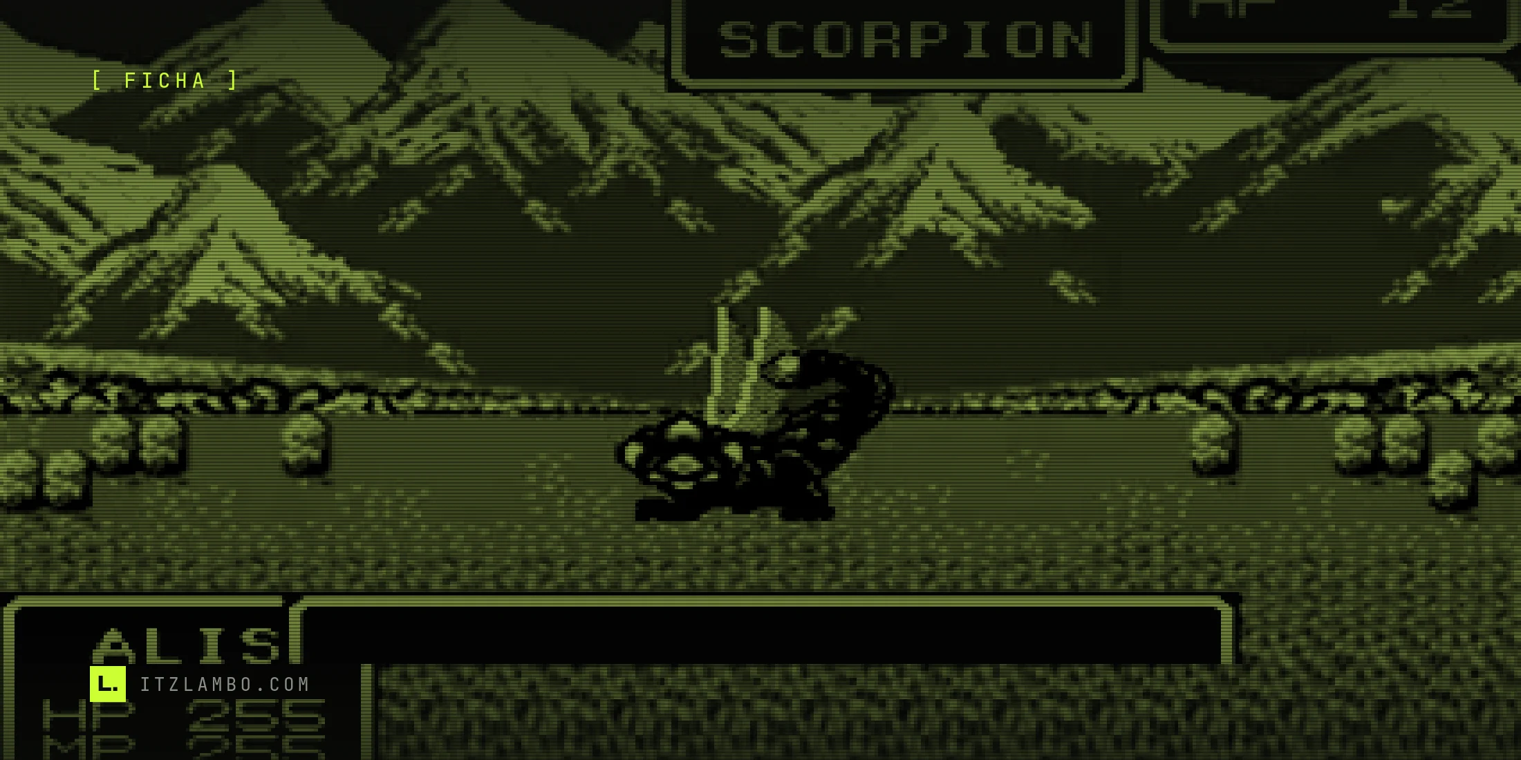 Combate de Phantasy Star en Master System: un escorpión rojo animado en mitad de la pantalla, sobre un campo verde con montañas ocres al fondo. Arriba, el rótulo SCORPION y sus 12 puntos de vida; abajo, la ficha de Alis.