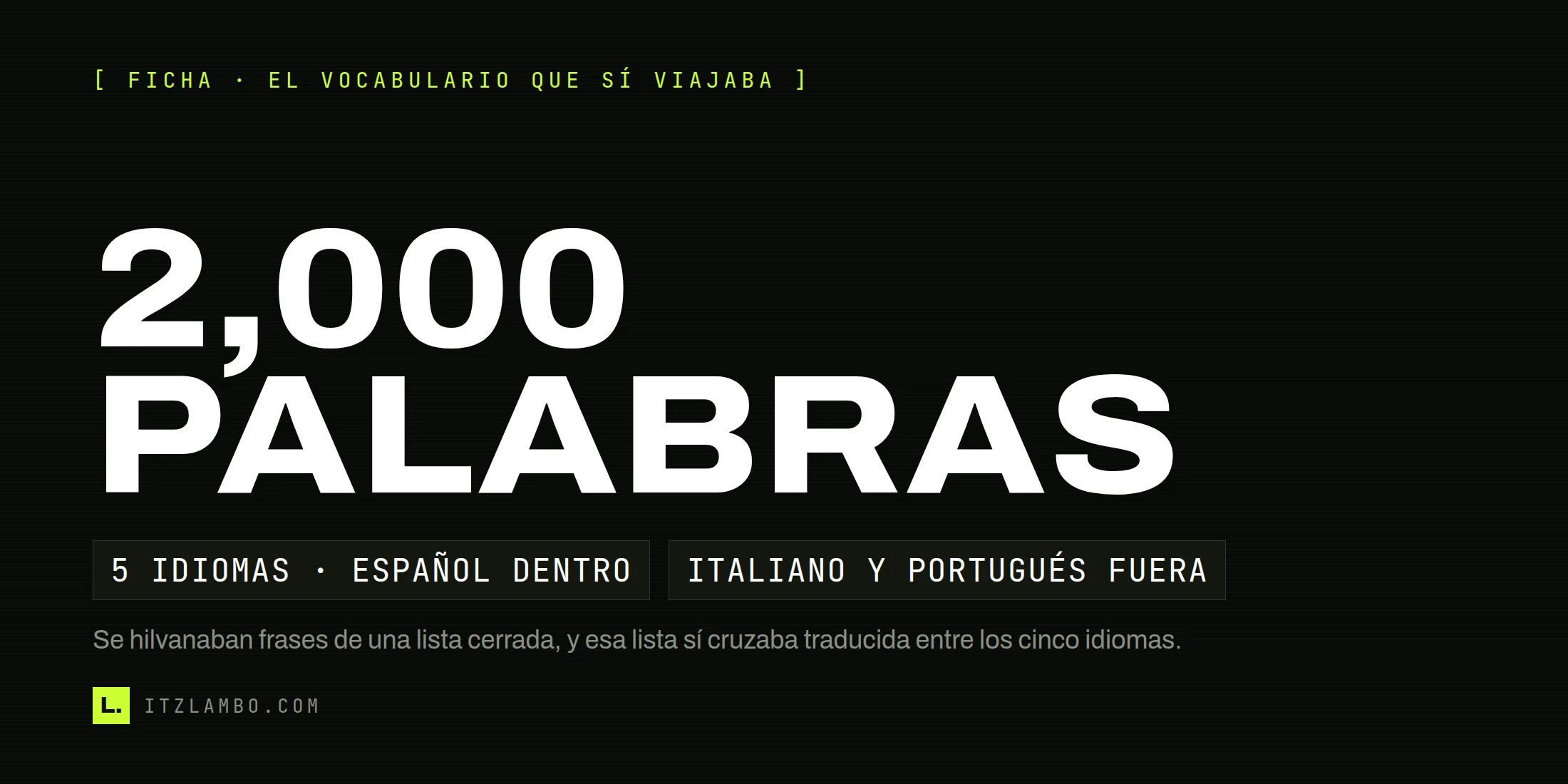 Cartel tipográfico sobre fondo negro con la cifra «2,000 PALABRAS» en lima, acompañada de dos fichas que enumeran los cinco idiomas del vocabulario traducido de Phantasy Star Online y los dos que quedaron fuera.