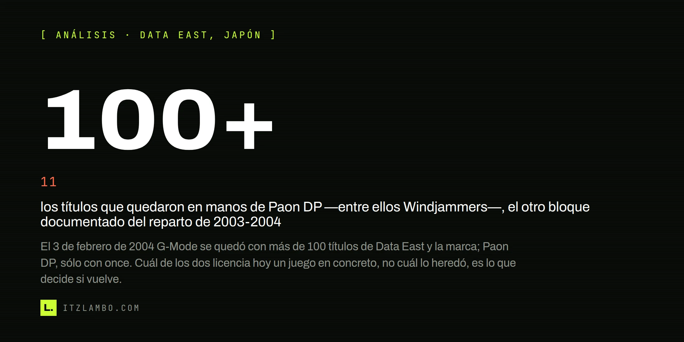 Cartel tipográfico sin fotografía: en cifras muy grandes, 100+, y debajo una ficha en contraste que dice 11 con el texto 'los títulos que quedaron en Paon DP, entre ellos Windjammers'; nota final sobre la licencia vigente como la que decide qué juego vuelve.