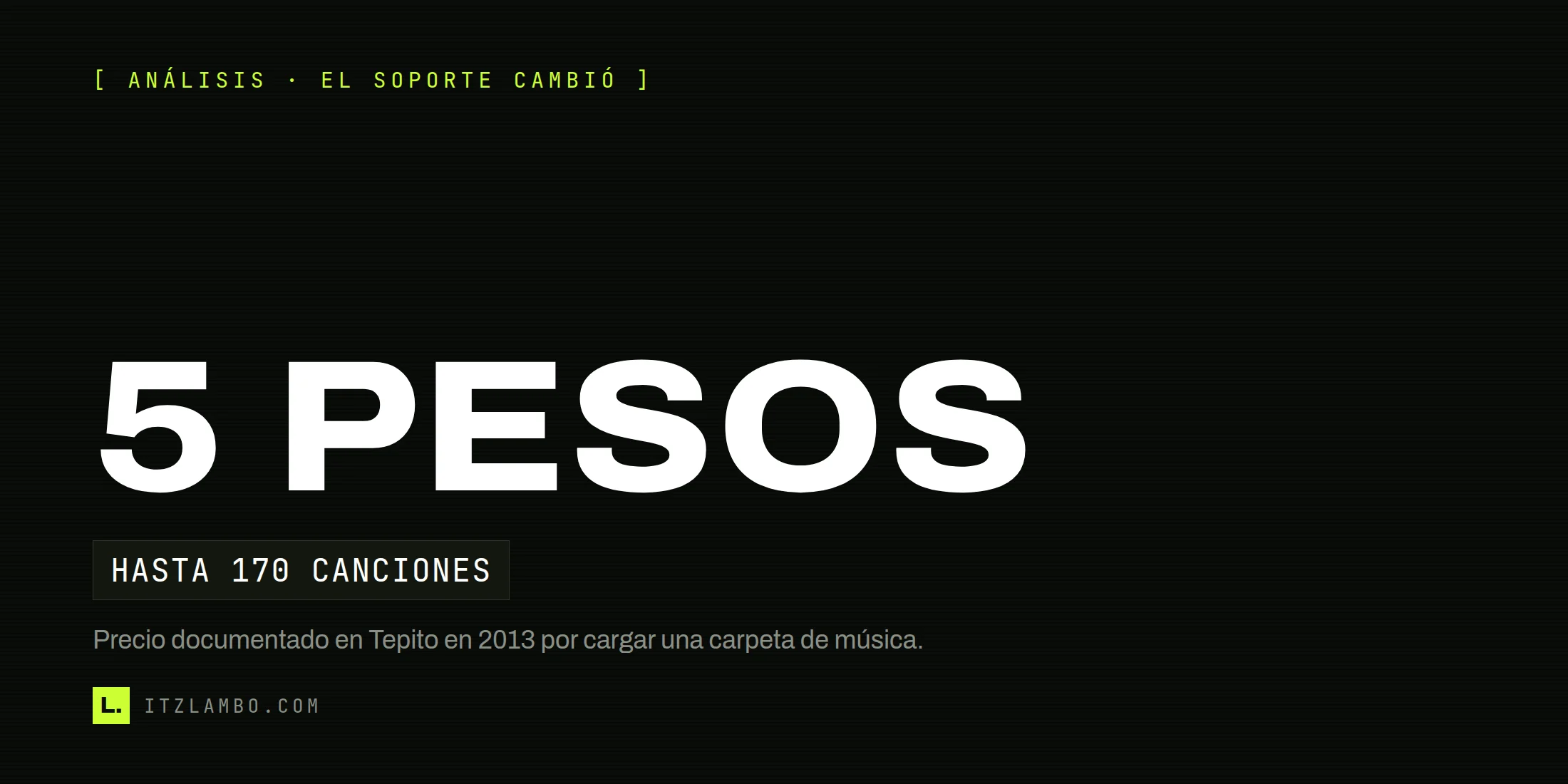 Cartel con el dato «5 PESOS» y la nota «hasta 170 canciones», sobre el servicio de carga de música documentado en Tepito en 2013.