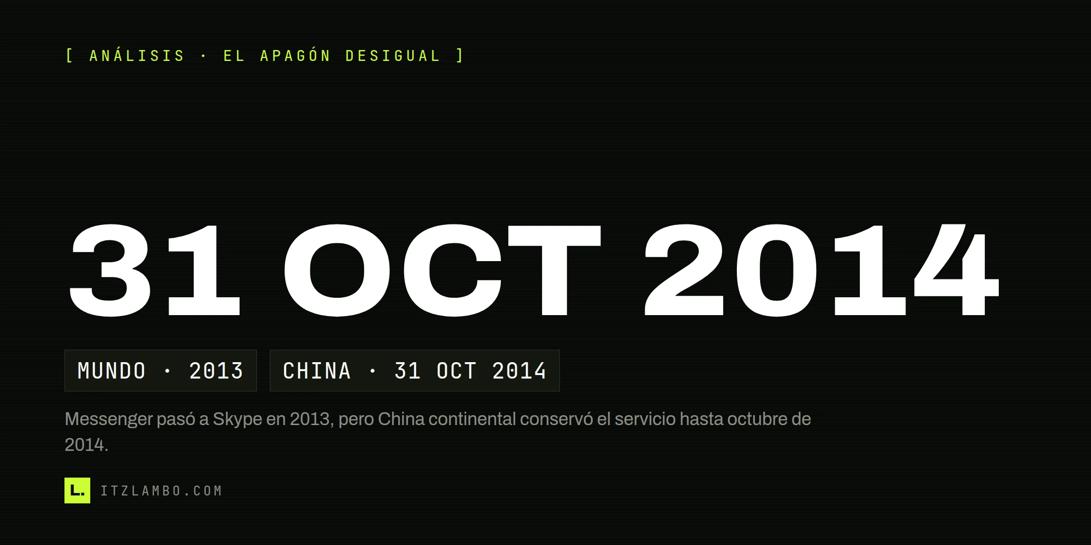 Cartel tipográfico: “31 OCT 2014”. Aclara que MSN Messenger cerró en China continental después de que Microsoft iniciara su transición a Skype en 2013.