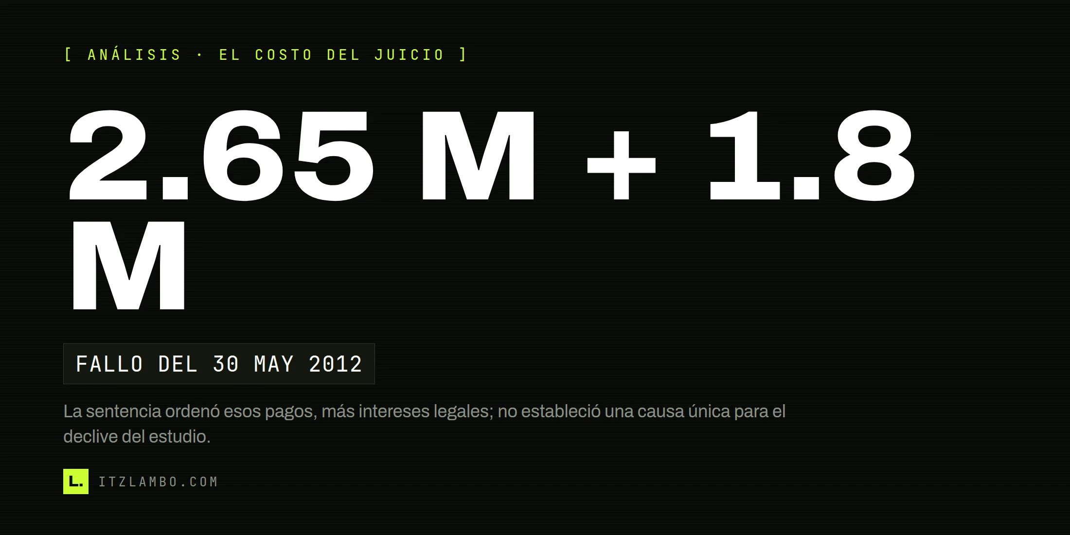 Cartel tipográfico con el texto «2.65 M + 1.8 M» y una nota sobre las obligaciones económicas fijadas contra Silicon Knights.