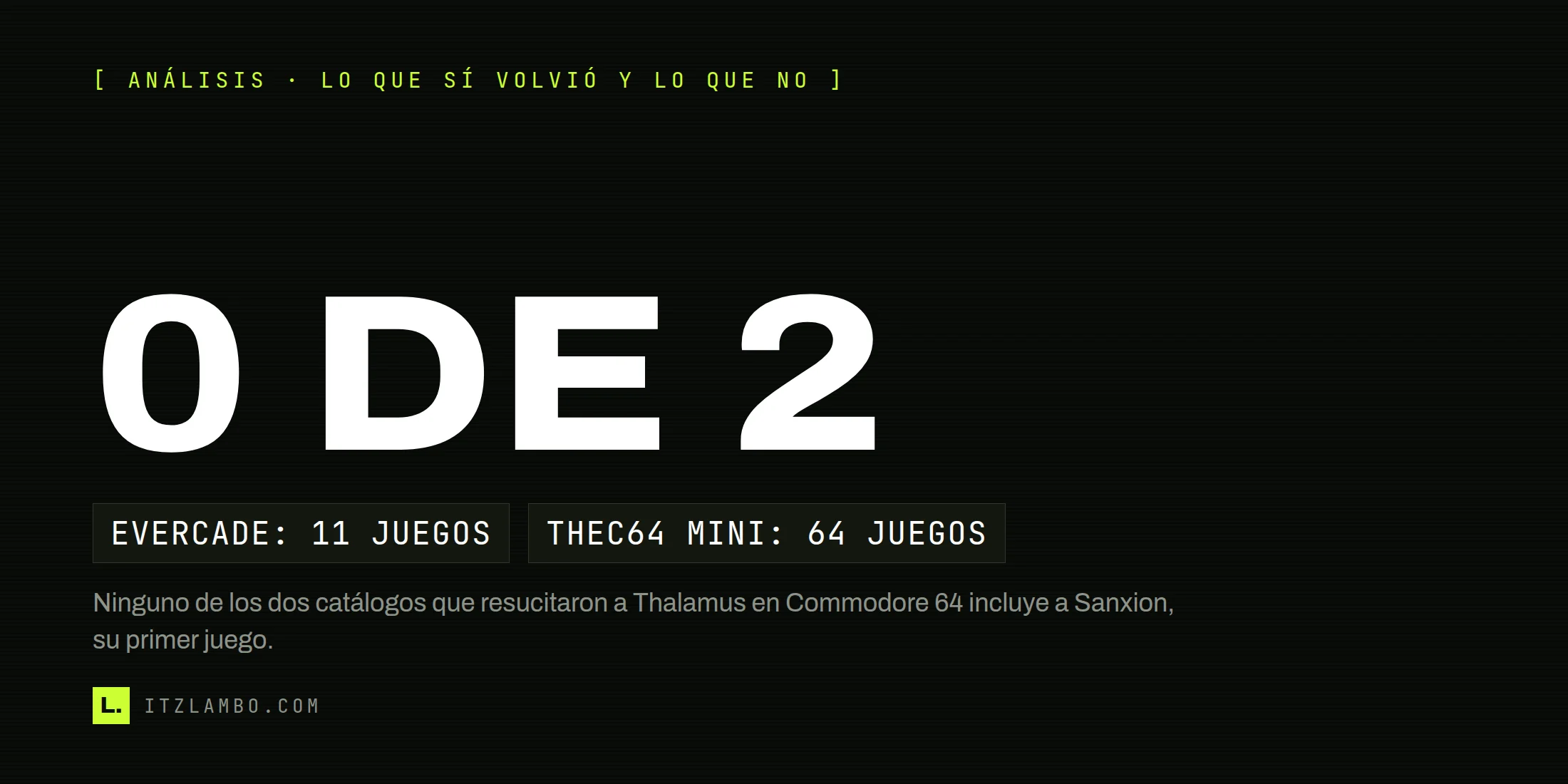 Cartel tipográfico con el texto 0 DE 2, y dos fichas: Evercade Collection 1 con 11 juegos, TheC64 Mini con 64 juegos. Nota: ninguno de los dos catálogos que resucitaron a Thalamus en Commodore 64 incluye Sanxion, su primer juego.