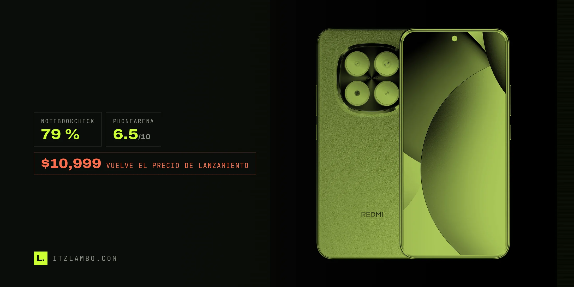 Render de prensa del Redmi Note 15 Pro+ 5G en café moca sobre fondo blanco: a la izquierda la trasera de piel sintética con el módulo cuadrado de cuatro cámaras en dorado, a la derecha el frente con la pantalla encendida en naranja y dorado.
