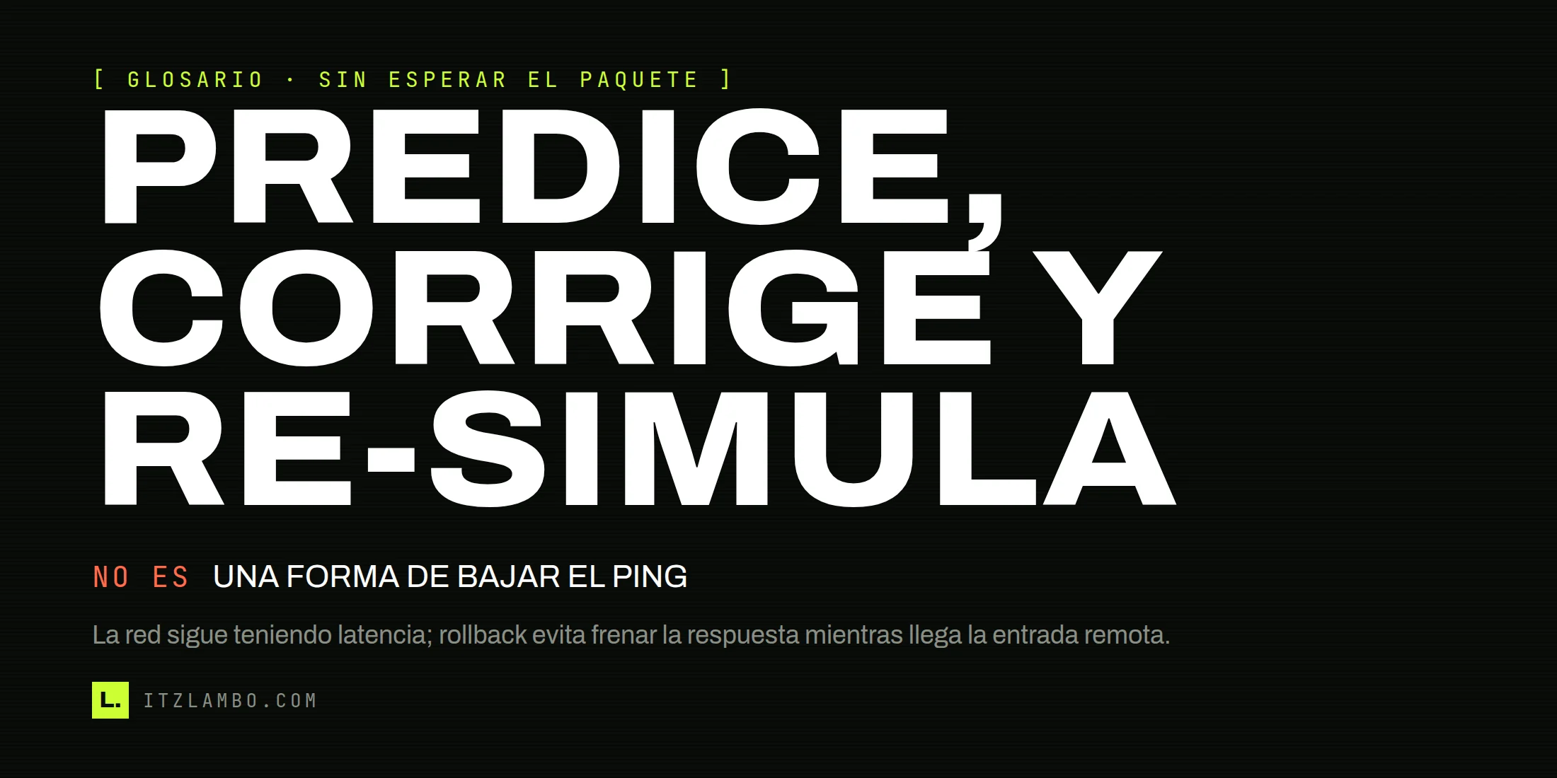Cartel tipográfico sobre rollback netcode: predice, corrige y re-simula; no es una forma de bajar el ping.