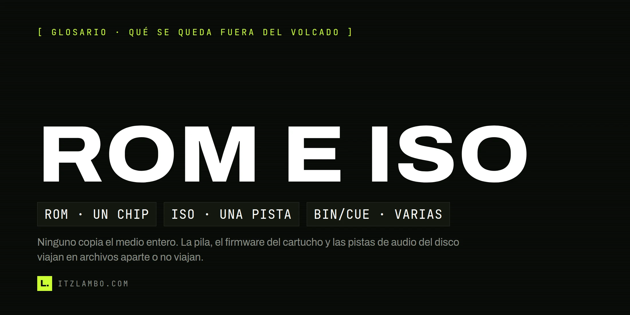 Cartel tipográfico con el rótulo ROM e ISO y tres fichas: ROM es un chip, ISO es una pista, BIN/CUE son varias.
