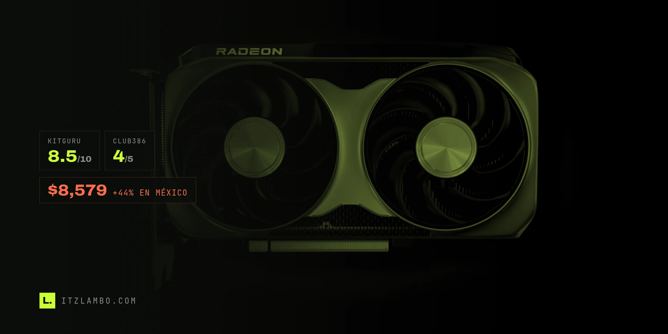 La AMD Radeon RX 9060 XT de referencia, con dos aspas, sobre fondo negro, en duotono negro y lima, con las notas de KitGuru y Club386 y el precio mexicano.