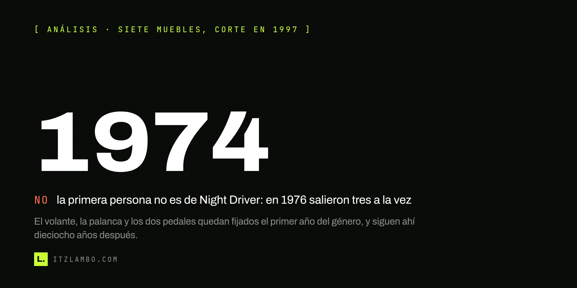 Cartel tipográfico con el año 1974 en grande sobre fondo oscuro, junto a un bloque que niega que la vista en primera persona de los juegos de conducción sea de Night Driver.