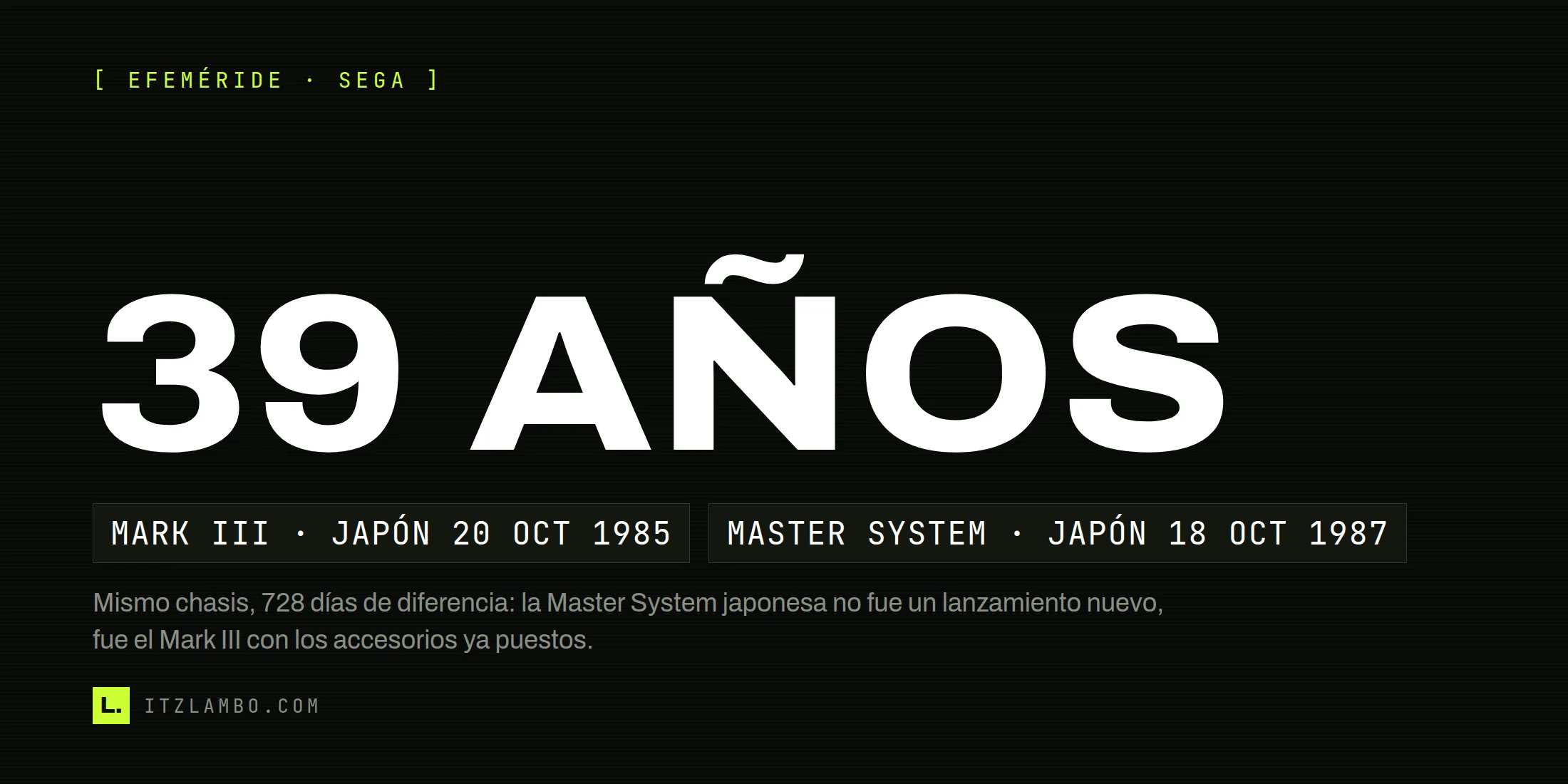 Cartel tipográfico negro con la cifra 39 AÑOS en grande, el kicker Efeméride · Sega arriba, dos fichas con las fechas MARK III · JAPÓN 20 OCT 1985 y MASTER SYSTEM · JAPÓN 18 OCT 1987, y una nota al pie sobre el relanzamiento.