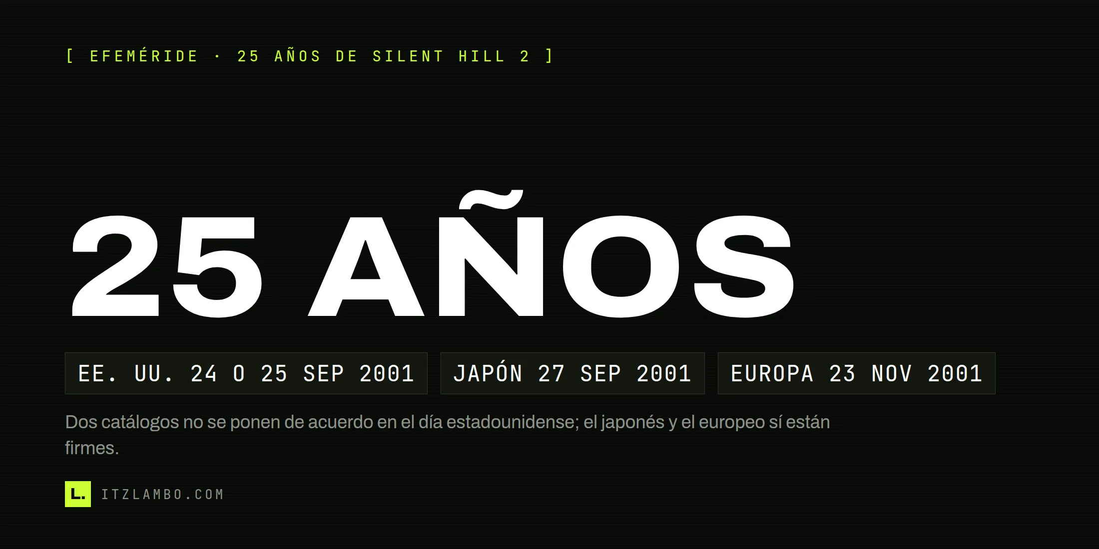Cartel tipográfico con el rótulo «25 AÑOS» en grande y tres fichas: Estados Unidos 24 o 25 de septiembre de 2001, Japón 27 de septiembre y Europa 23 de noviembre.
