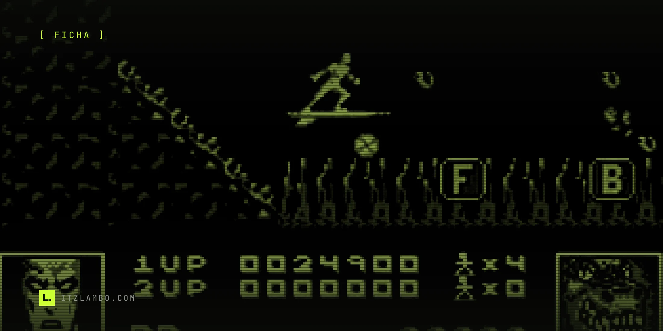 Fotograma de Silver Surfer (NES, 1990): el Surfer plateado se desliza sobre su tabla entre rocas azules y enemigos rojos en un nivel de desplazamiento lateral, con el HUD abajo mostrando el puntaje de los dos jugadores, las vidas restantes y los power-ups F y B.
