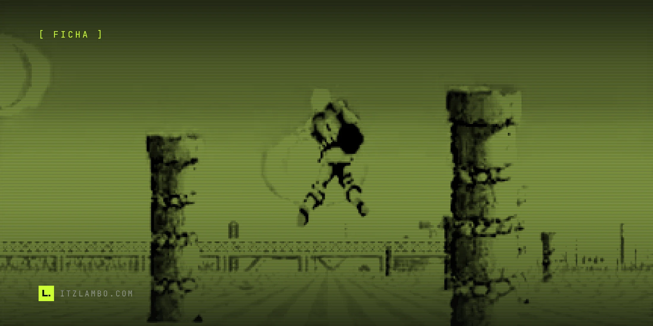 Fotograma de una partida en la placa arcade original de Space Harrier: el personaje vuela entre dos columnas de piedra escaladas —más grandes al acercarse—, con una esfera dorada en primer plano y un cielo turquesa de fondo.