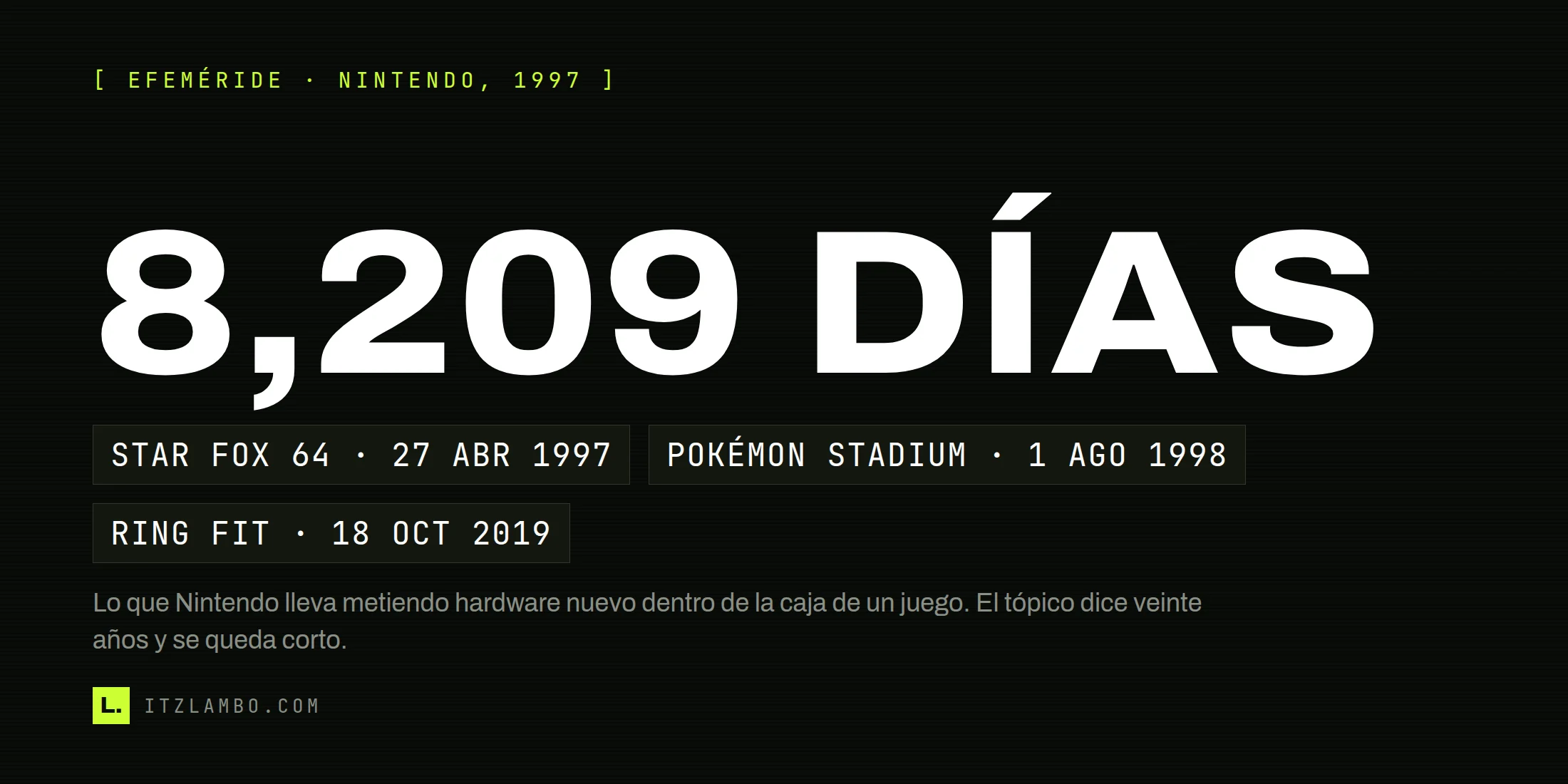 Cartel tipográfico con «8,209 DÍAS» en grande y, debajo, tres fichas con las fechas japonesas de Star Fox 64 el 27 de abril de 1997, Pokémon Stadium el 1 de agosto de 1998 y Ring Fit Adventure el 18 de octubre de 2019.