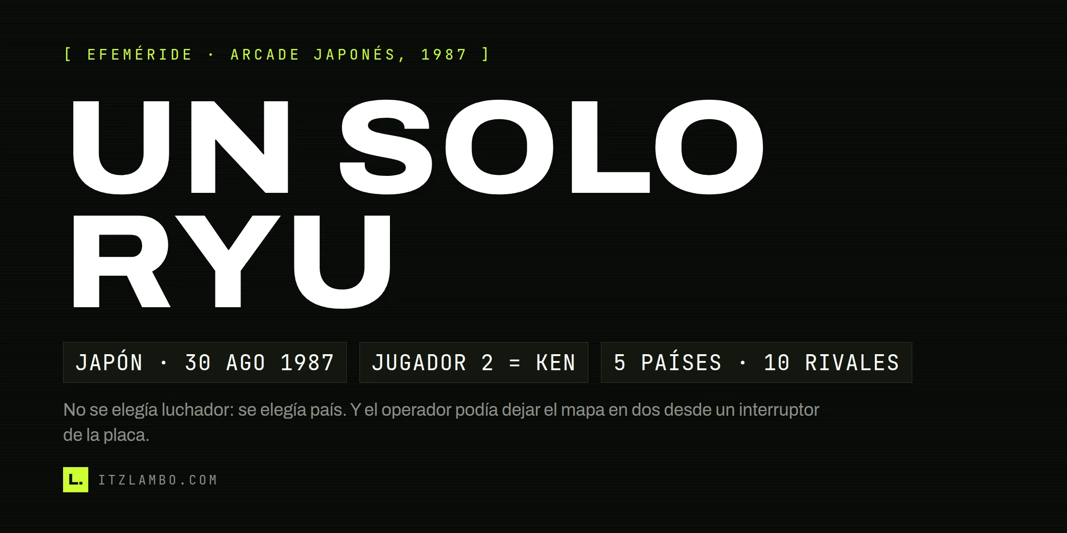 Cartel tipográfico con «UN SOLO RYU» en grande y, debajo, tres fichas: Japón, 30 de agosto de 1987; el jugador 2 entraba como Ken; cinco países y diez rivales.