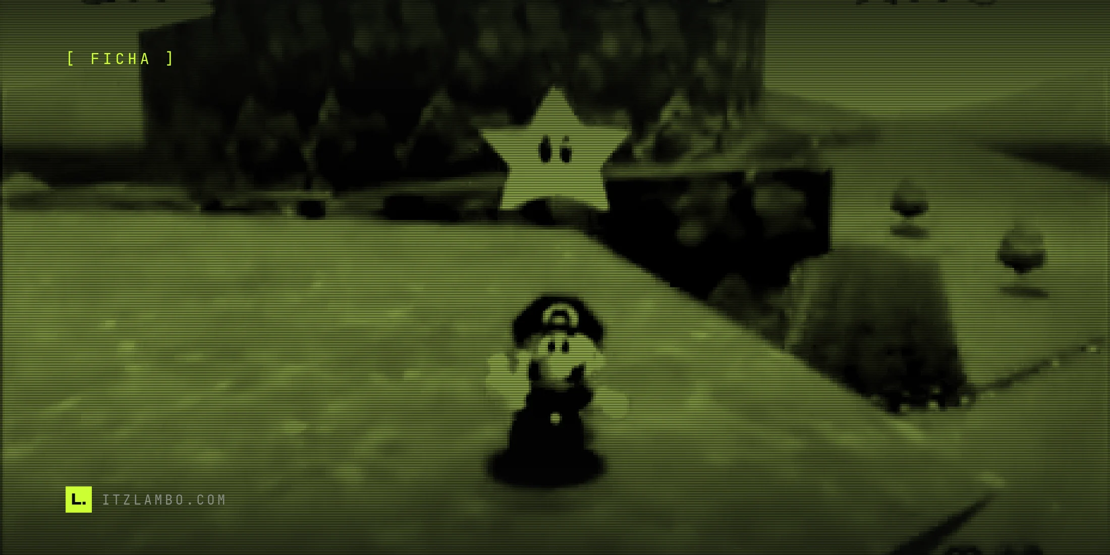 Fotograma de Super Mario 64 en Nintendo 64: Mario está de pie sobre la colina verde de Bob-omb Battlefield, con una Estrella de Poder dorada flotando cerca y la gran montaña de roca marrón del escenario detrás, bajo un cielo azul con nubes.